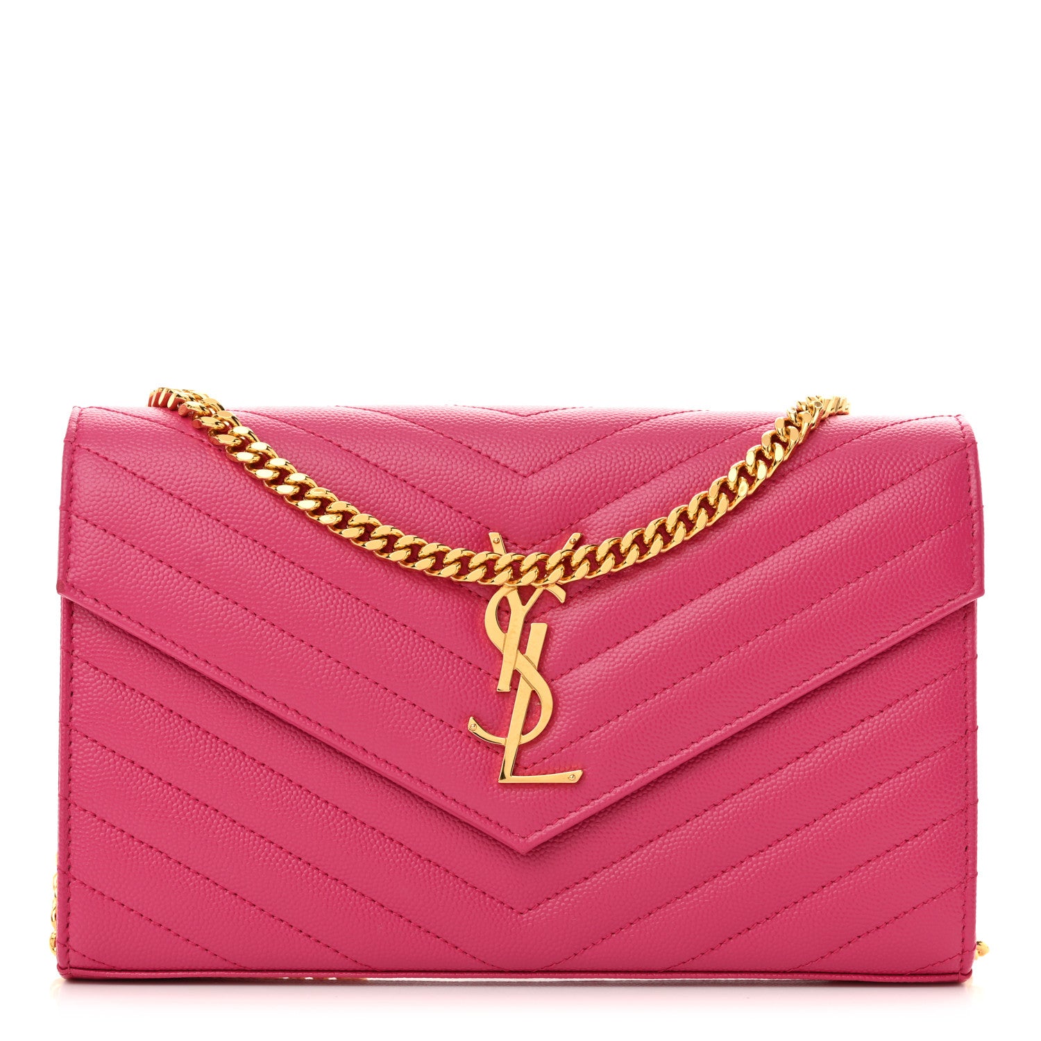 Saint Laurent Grain De Poudre Matelasse Chevron Monogram Envelope Chain Wallet  Fuxia Couture 1 of 10
