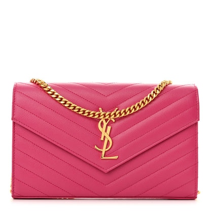 Saint Laurent Grain De Poudre Matelasse Chevron Monogram Envelope Chain Wallet  Fuxia Couture 1 of 10