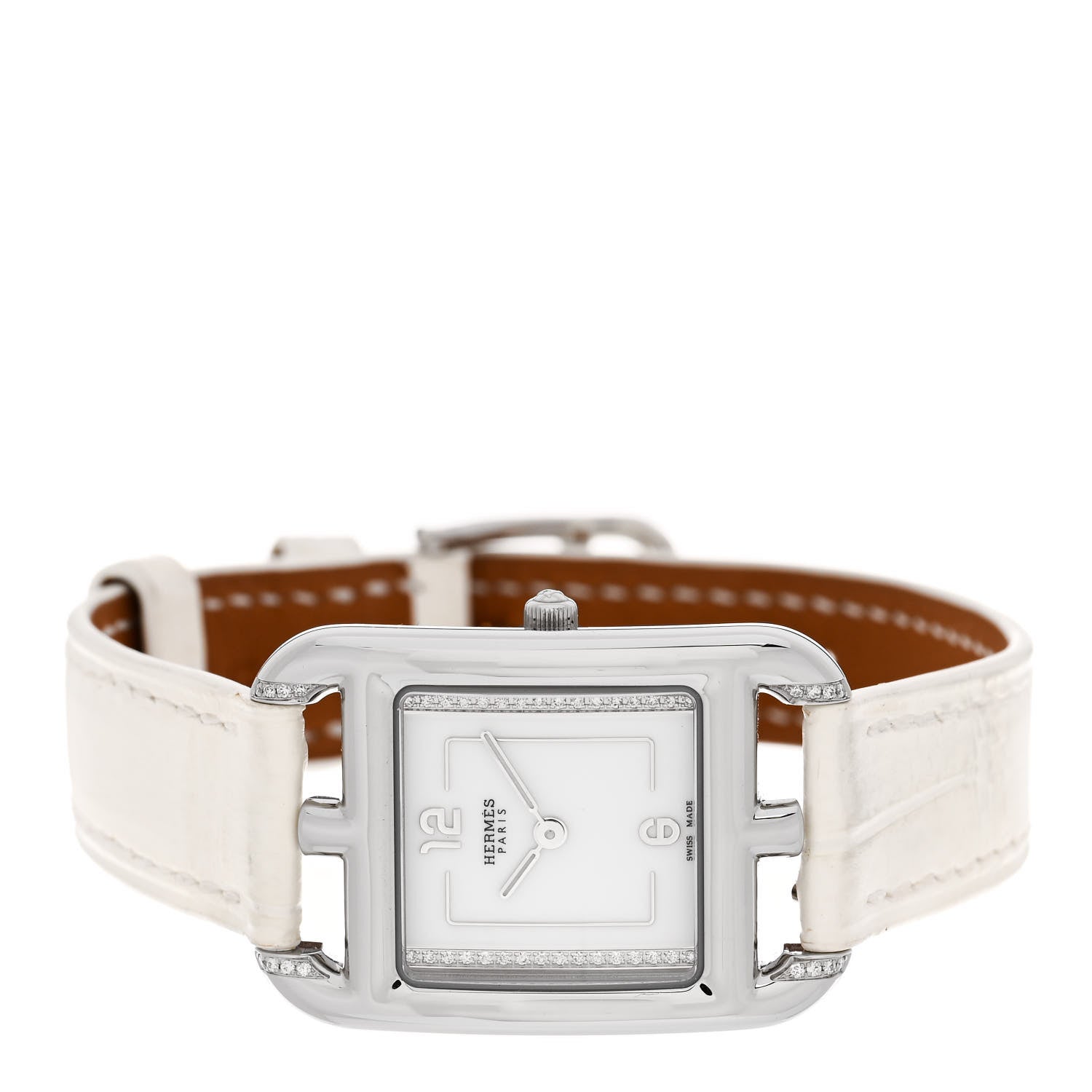 Hermes Stainless Steel Alligator Diamond Pave 23mm Cape Cod Quartz Watch Blanc 2 of 6