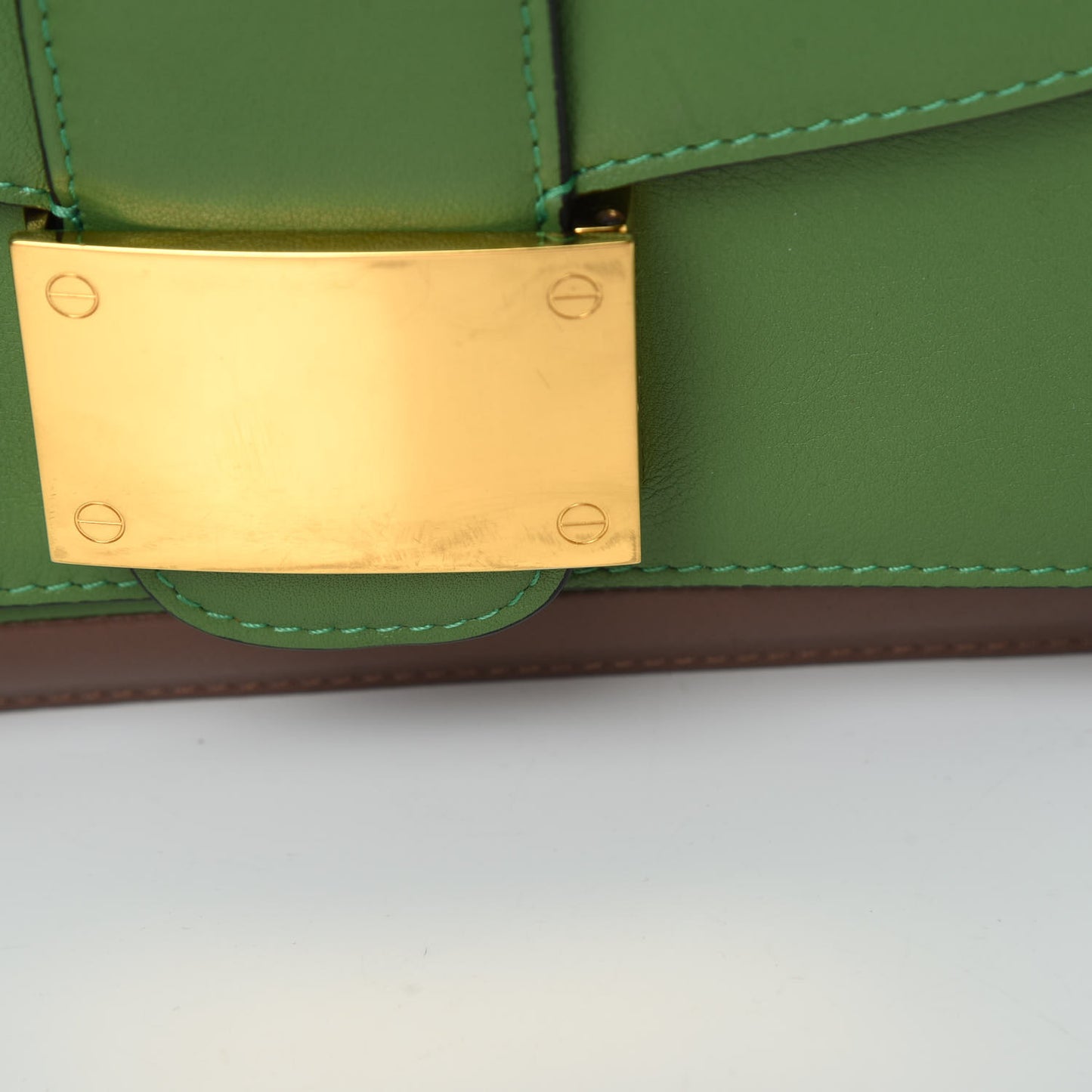 Calfskin Rivet Colorblock Double Handle Shoulder Bag Brown Green
