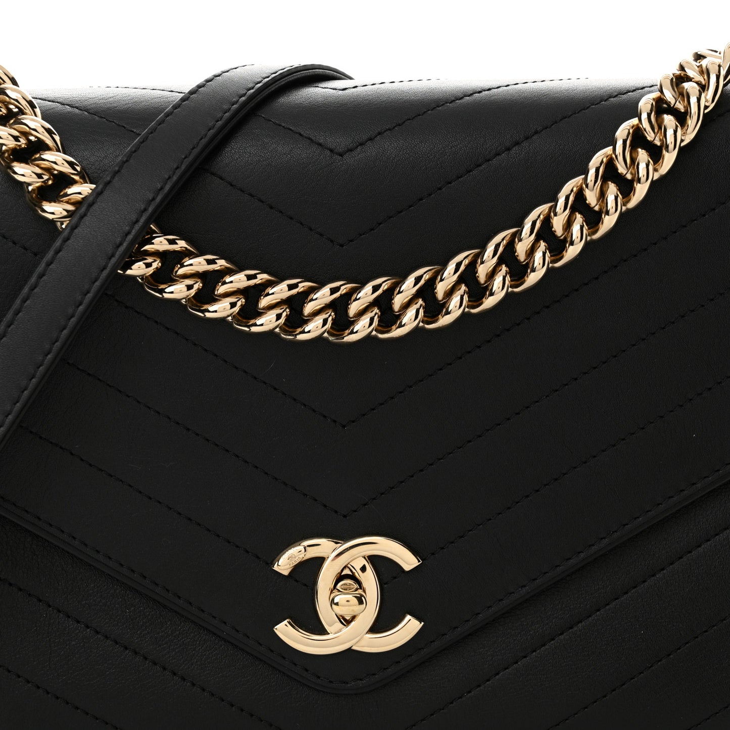 Calfskin Chevron Stitched Medium Coco Flap Bag Black