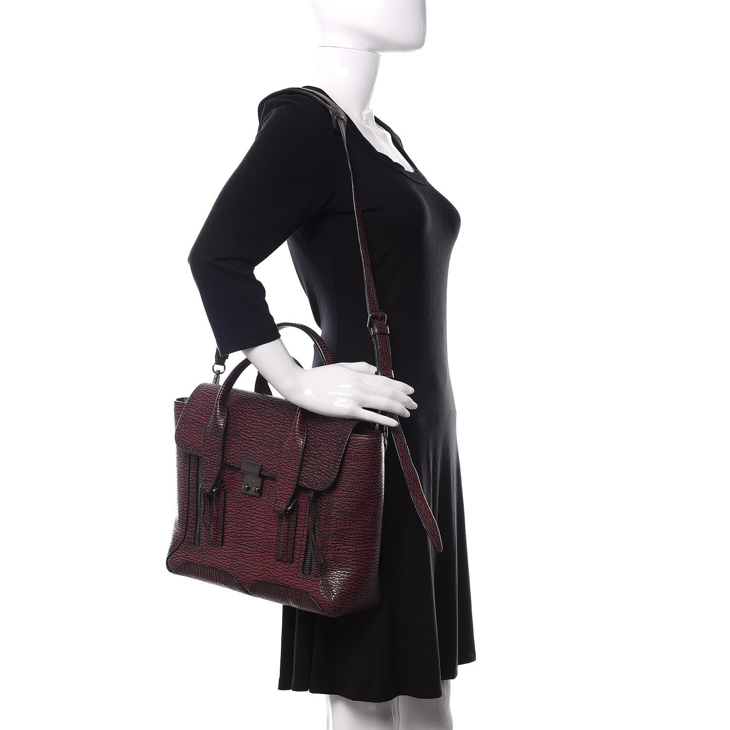 3.1 Phillip Lim 3.1 Textured Calfskin Medium Pashli Satchel Black Red 2 of 9