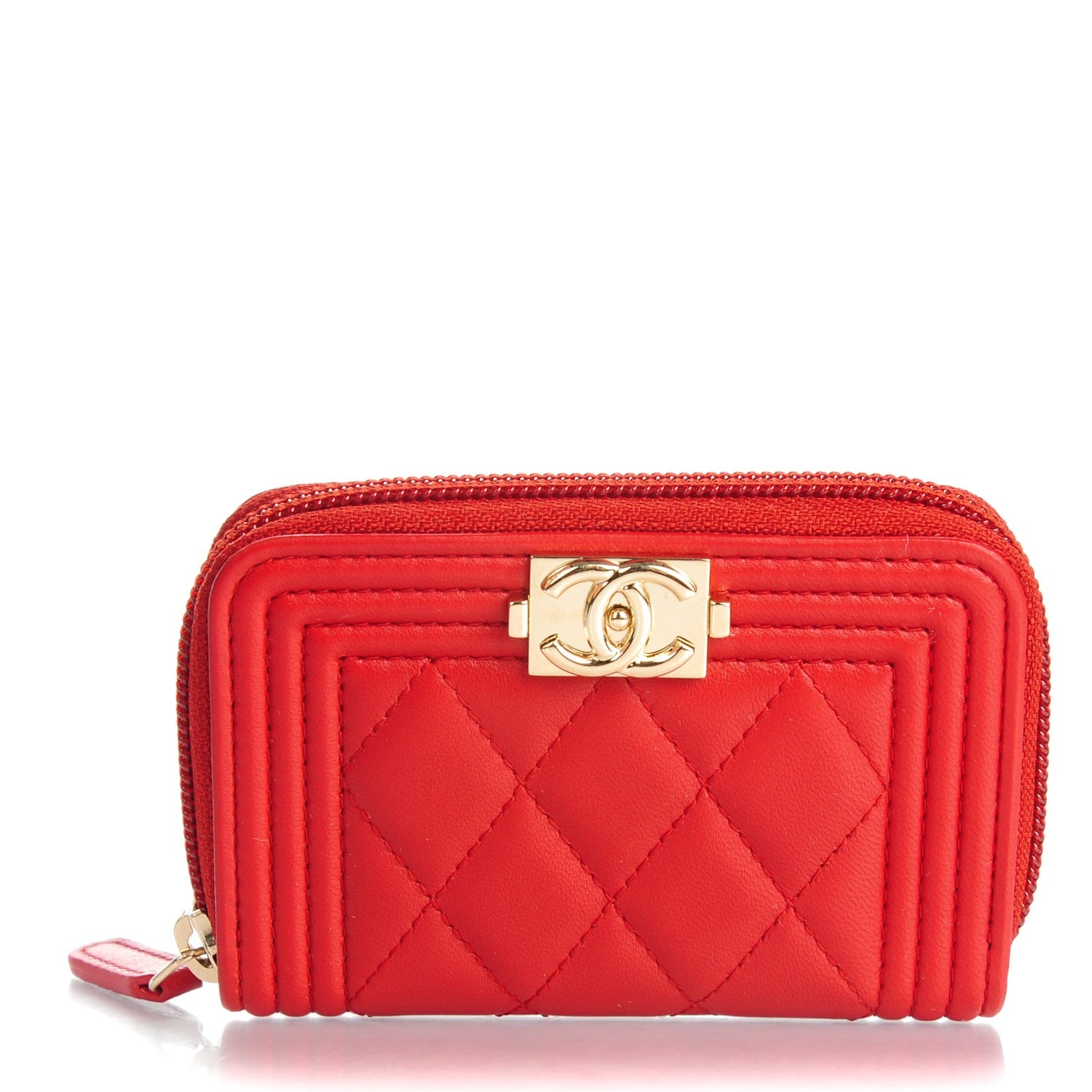 Chanel Lambskin Quilted Boy Zip Around Coin Purse Wallet Red 1 of 7