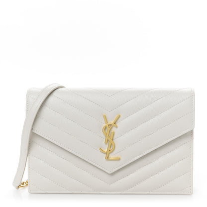 Saint Laurent Grain De Poudre Matelasse Chevron Monogram Envelope Chain Wallet Crema Soft 1 of 11