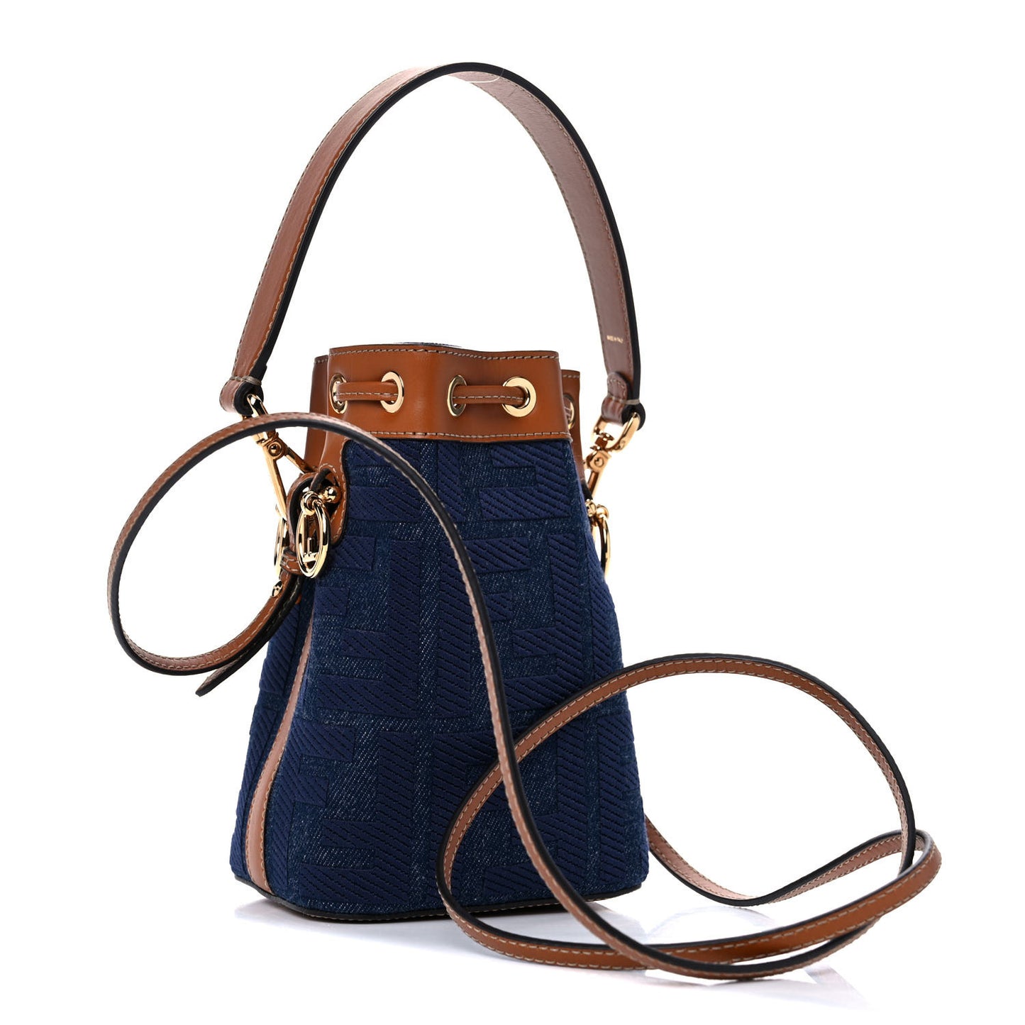 Denim Vitello King F is Fendi FF Embroidered Mini Mon Tresor Bucket Bag Blue Cuoio