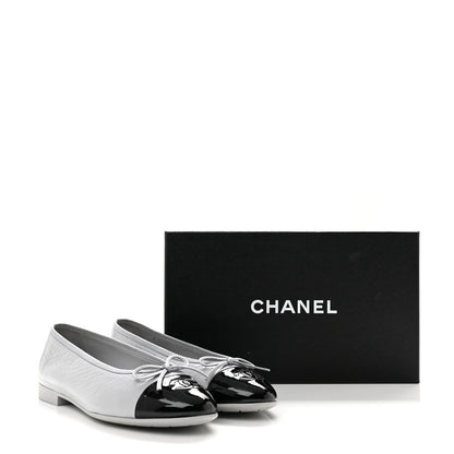 Chanel Shiny Crumpled Calfskin Patent CC Cap Toe Ballerina Flats 39 Grey Black 10 of 10