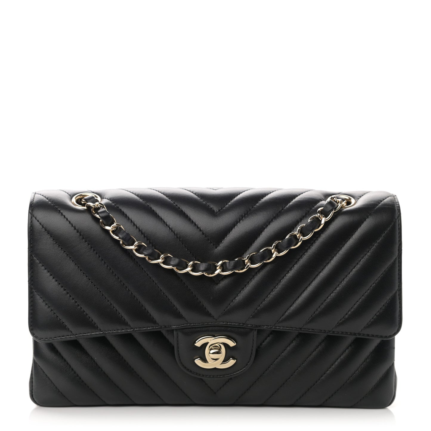 Lambskin Chevron Quilted Medium Double Flap Black