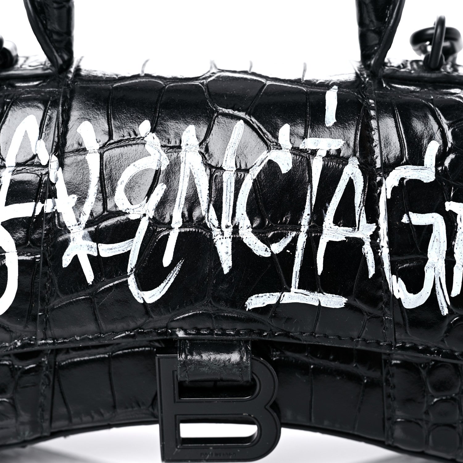 Balenciaga Calfskin Graffiti Logo Monochrome Crocodile Embossed Hourglass Top Handle Bag XS Black 14 of 16