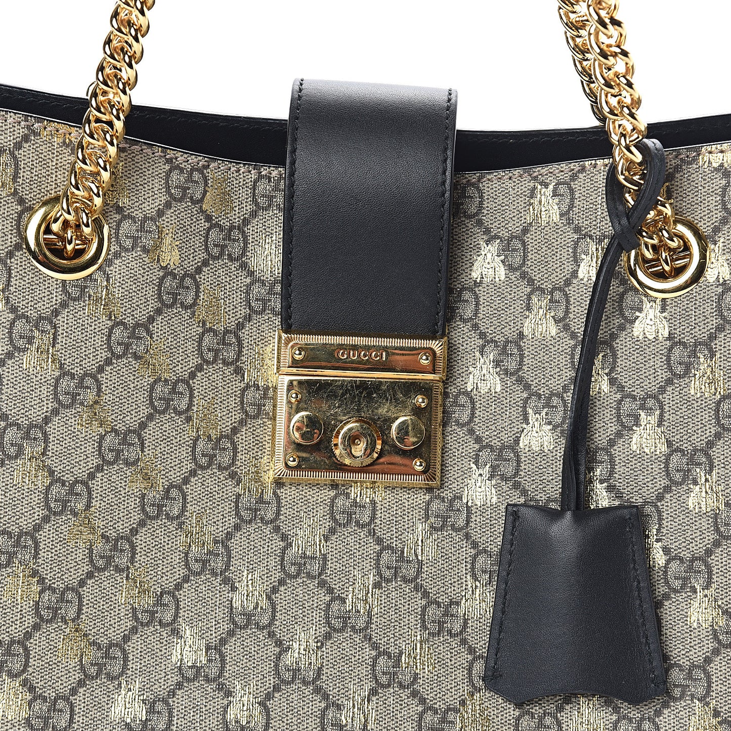 GG Supreme Monogram Bees Medium Padlock Tote Beige Oro Black