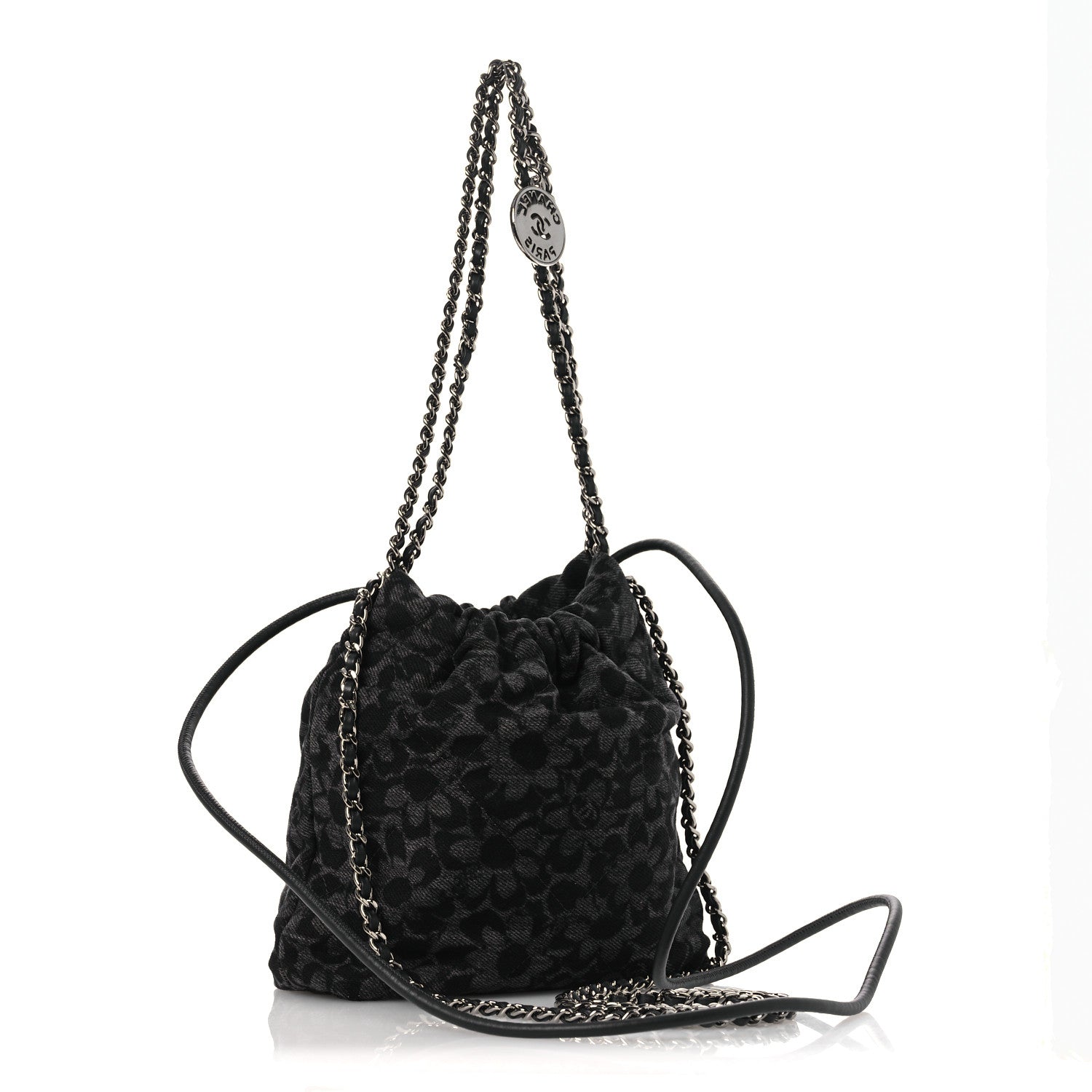 Chanel Denim Quilted Floral Print Mini Chanel 22 Black Grey 3 of 10