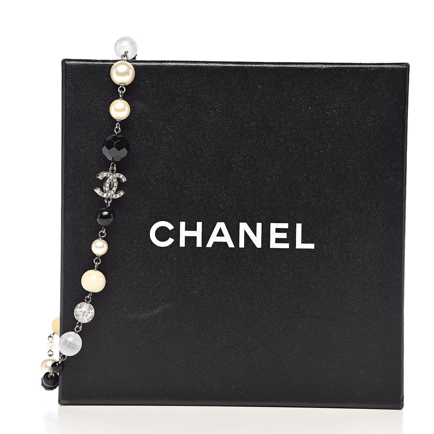 Pearl Beaded Crystal CC Long Necklace Black Silver