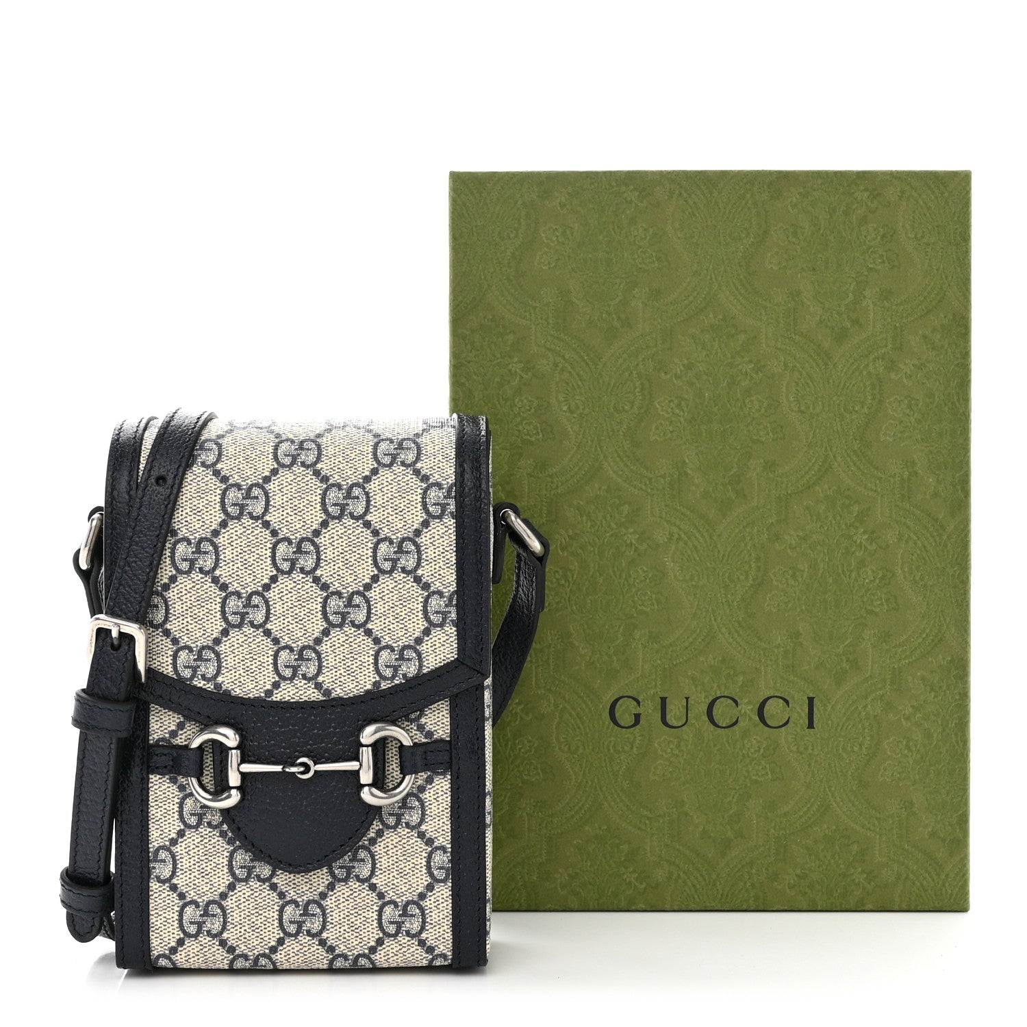 Gucci GG Supreme Monogram Textured Dollar Calfskin Mini Horsebit 1955 Crossbody Bag Beige Blue 13 of 13