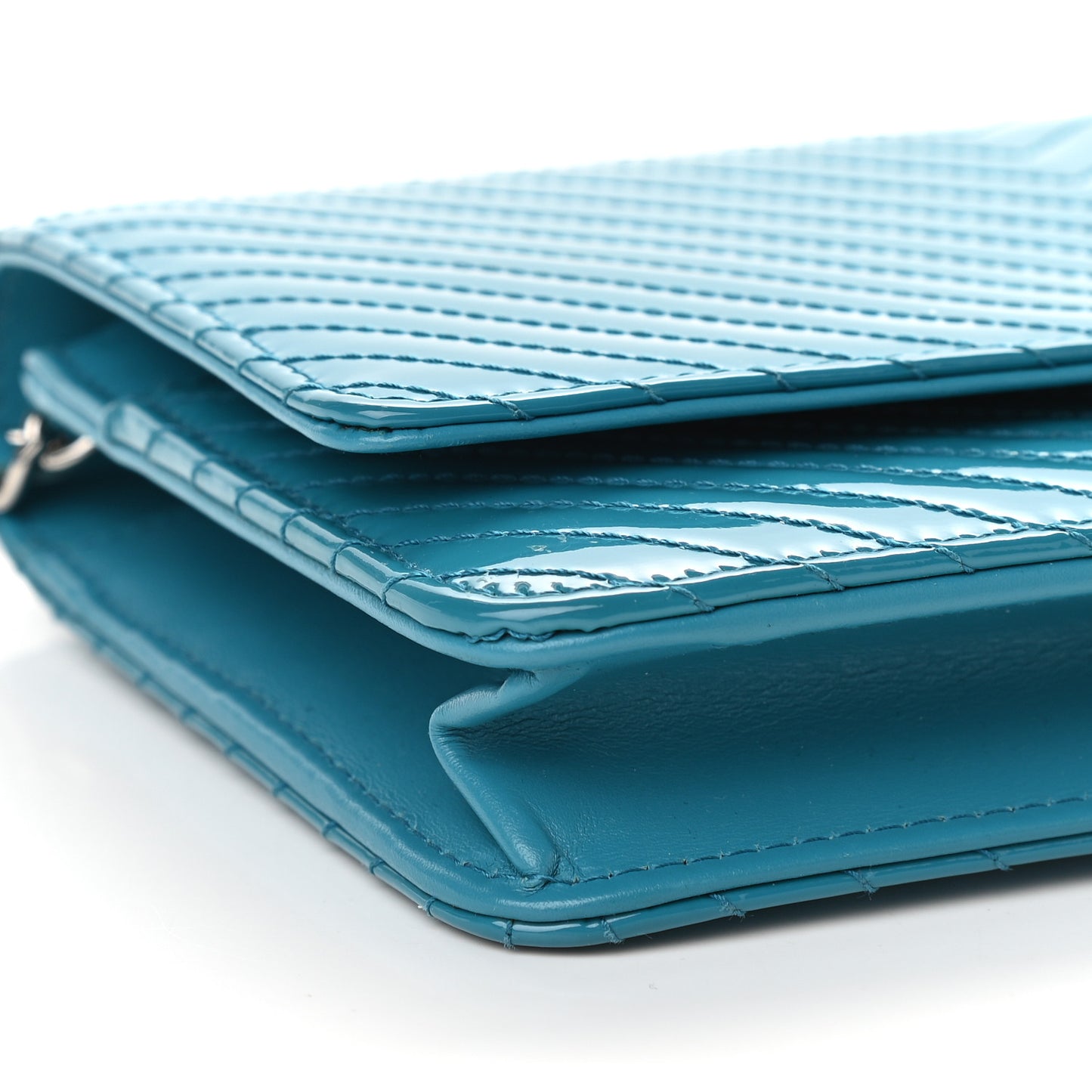 Patent Calfskin Chevron Quilted Wallet On Chain WOC Blue