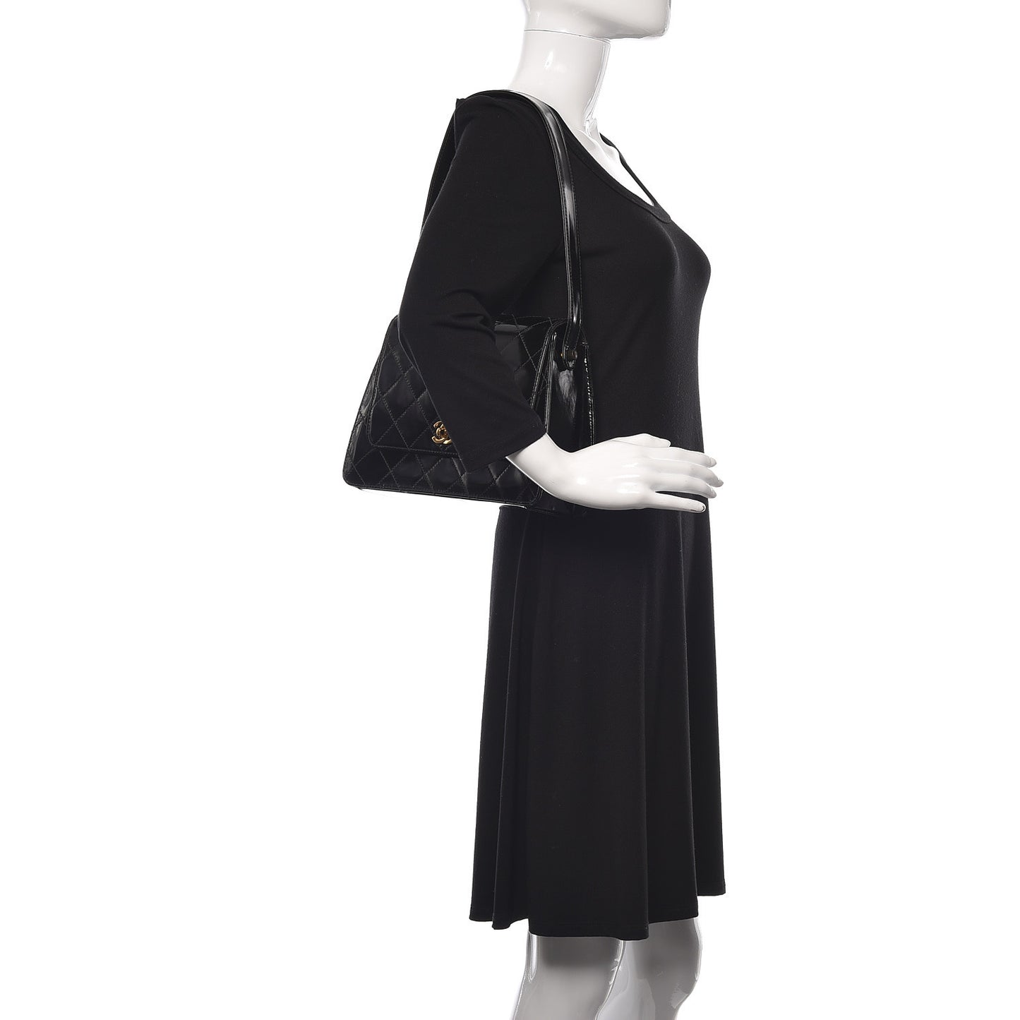 Glazed Calfskin Stitched Shoulder Flap Bag Black