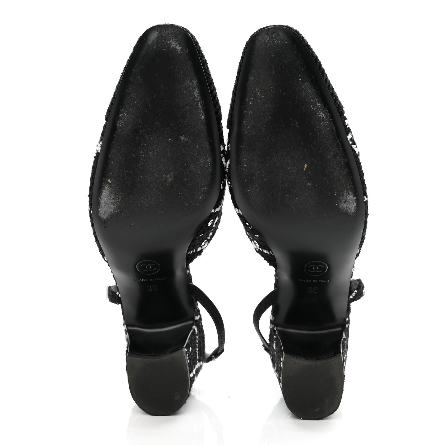 Tweed Sequins Corduroy Cap Toe CC Slingback Pumps 38 Black White