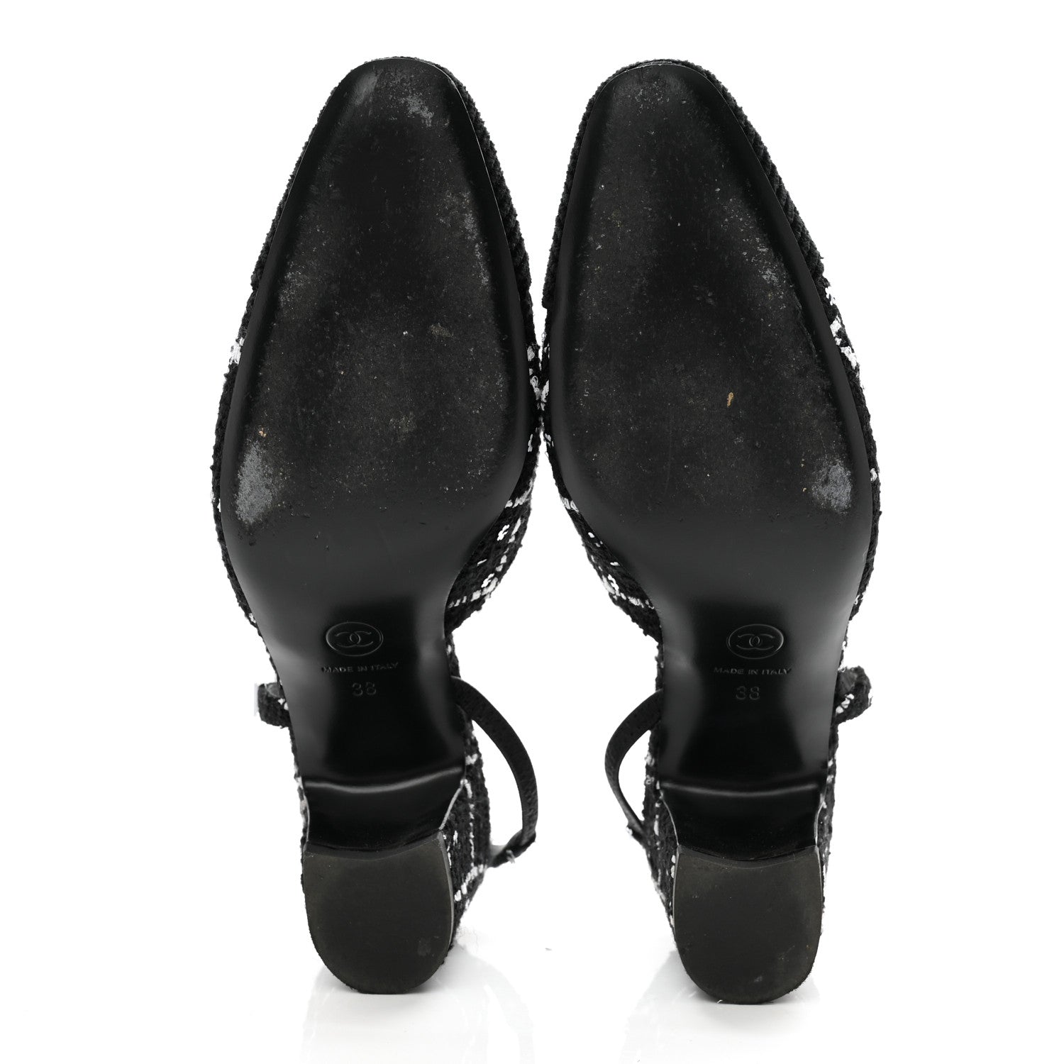 Chanel Tweed Sequins Corduroy Cap Toe CC Slingback Pumps 38 Black White 5 of 14