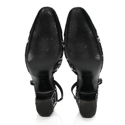 Chanel Tweed Sequins Corduroy Cap Toe CC Slingback Pumps 38 Black White 5 of 14