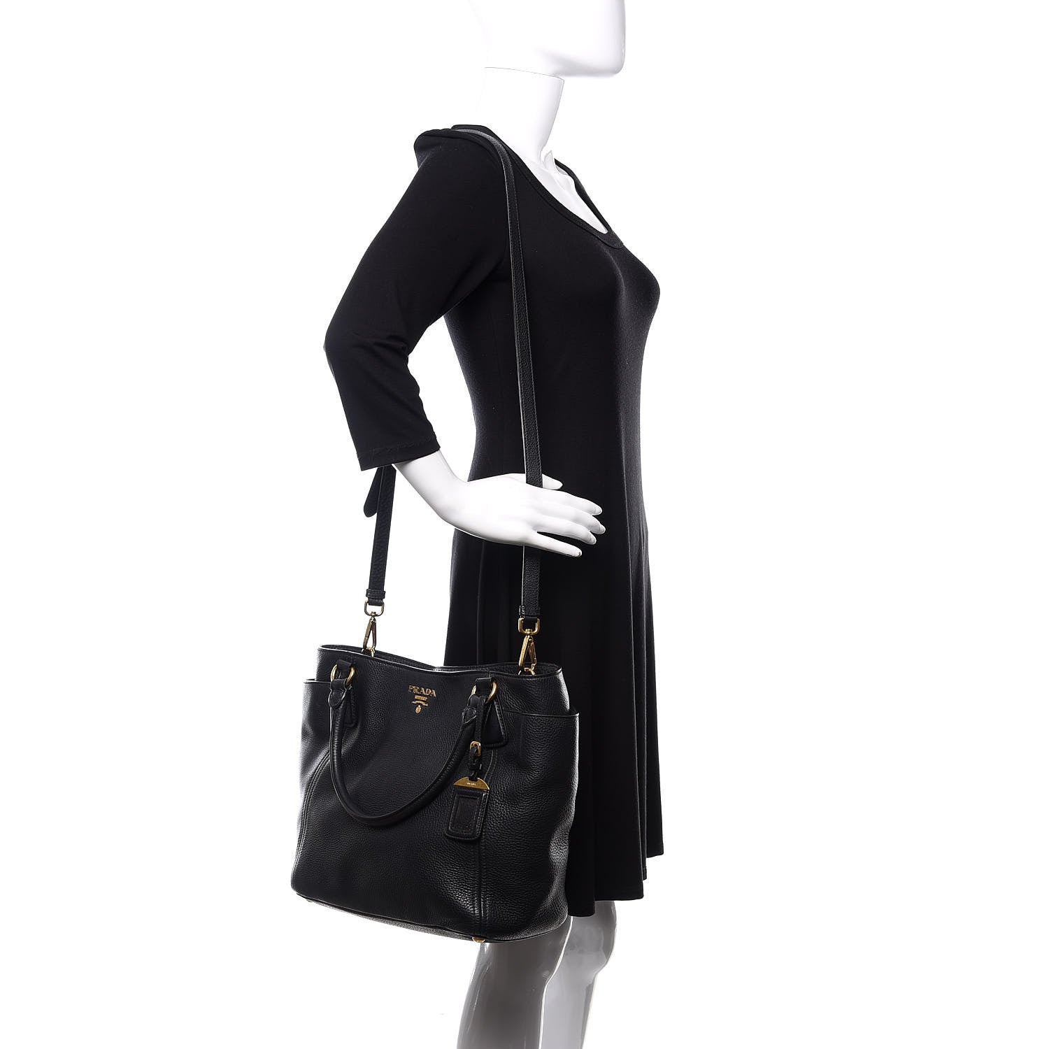 Prada Vitello Daino Side Pocket Tote Black 2 of 12