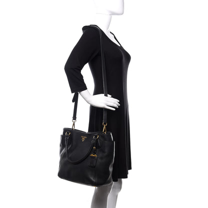 Prada Vitello Daino Side Pocket Tote Black 2 of 12