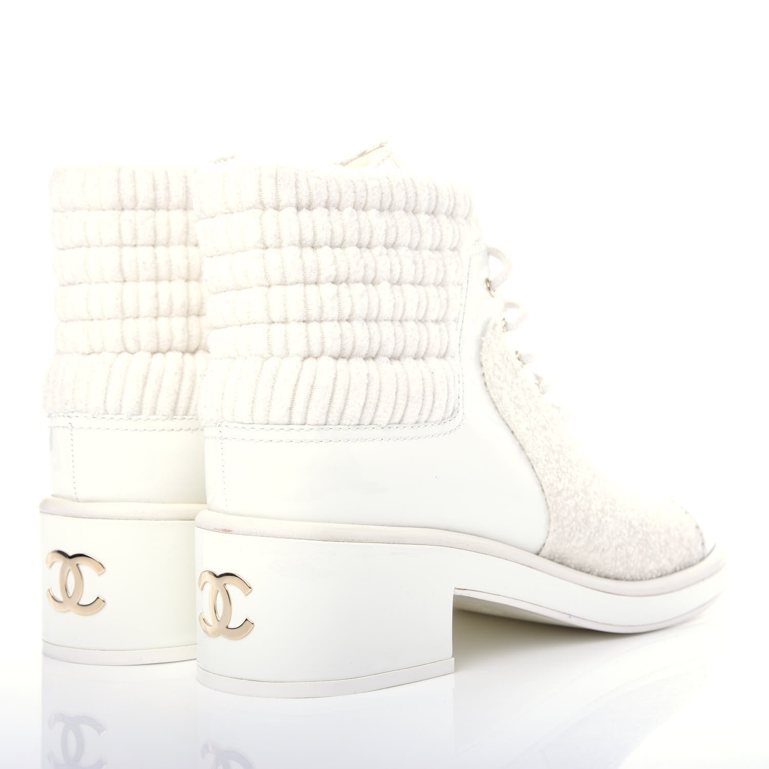 Chanel Tweed Patent Calfskin Velvet Lace Up Boots 41 White 4 of 11