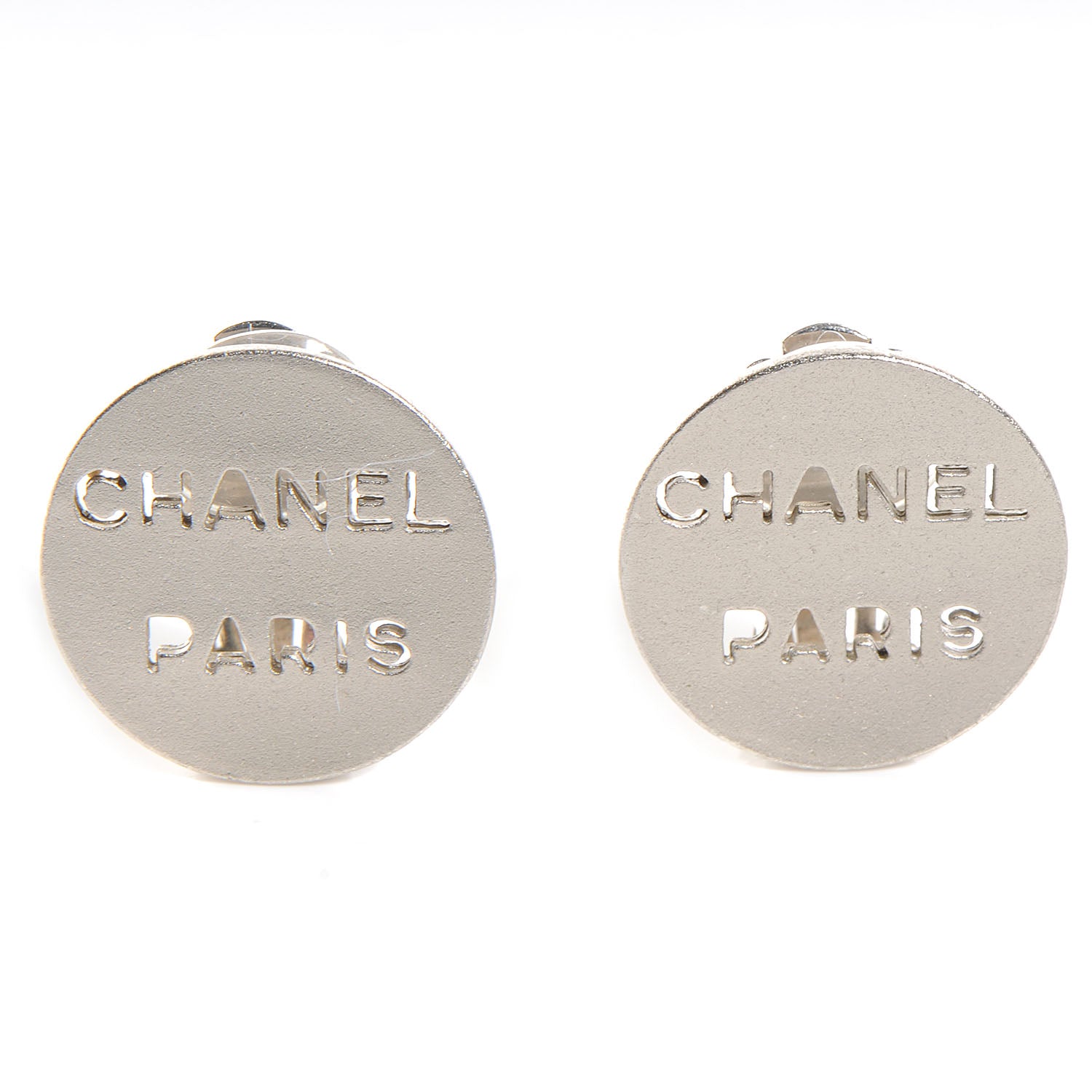 Chanel PARIS Clip On Earrings Matte Silver 1 of 4