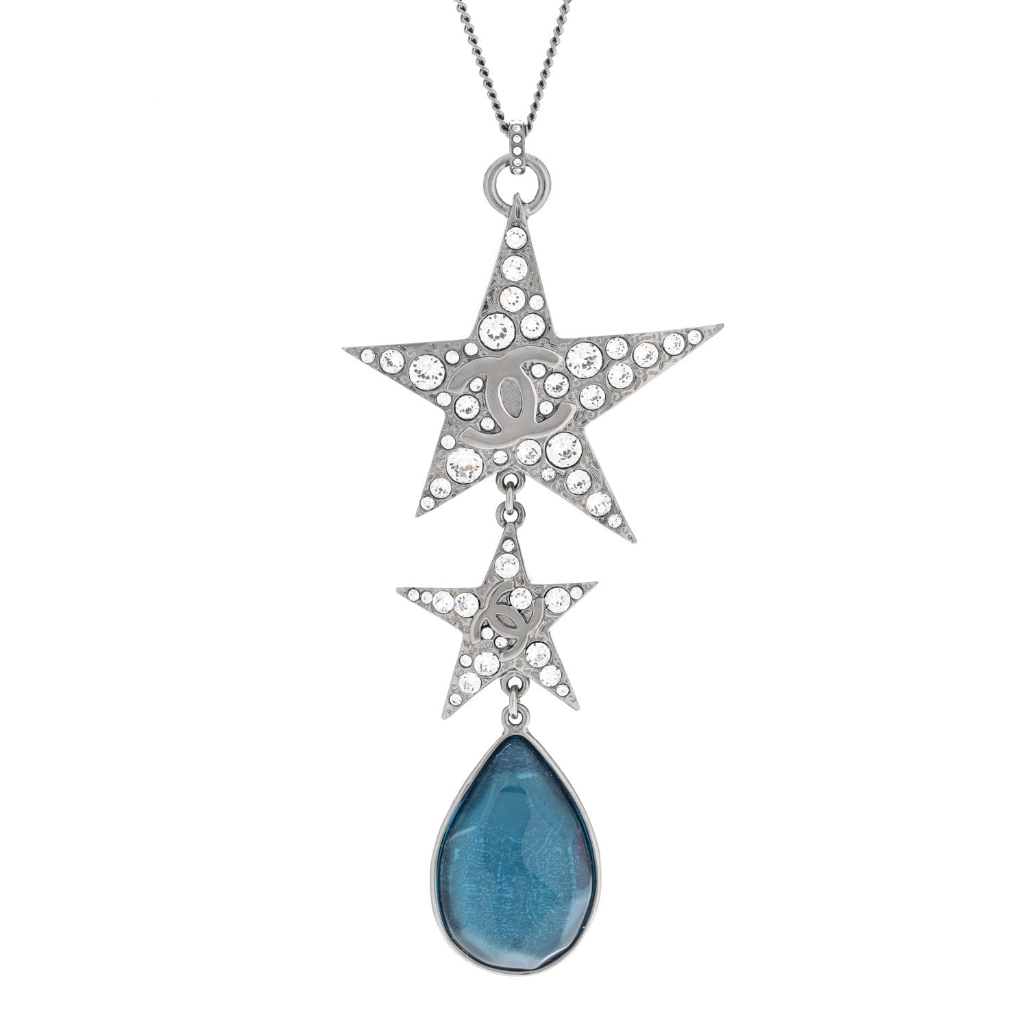 Chanel Crystal Resin CC Star Drop Necklace Silver Blue 4 of 6