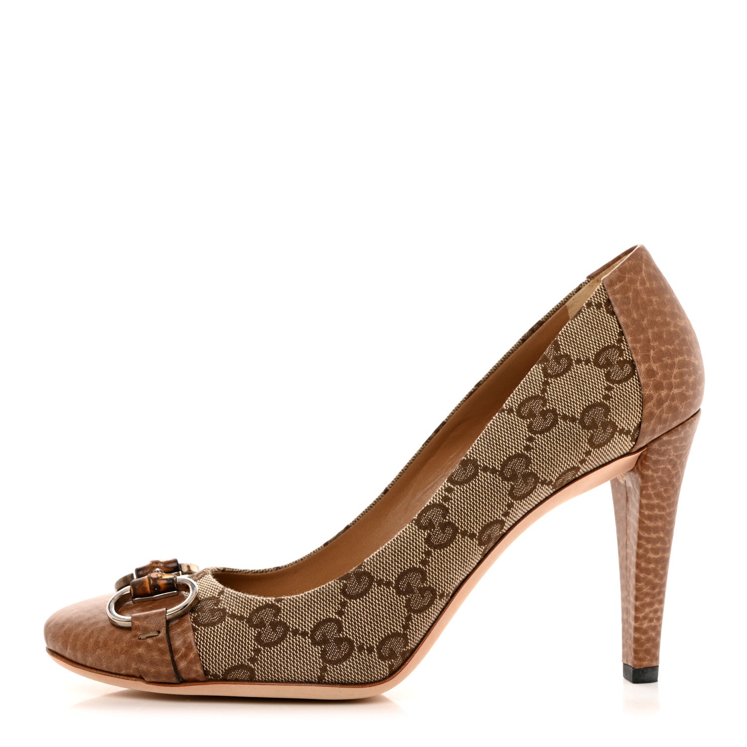 Gucci Monogram GG Grained Calfskin Horsebit Pumps 38 Brown 1 of 9