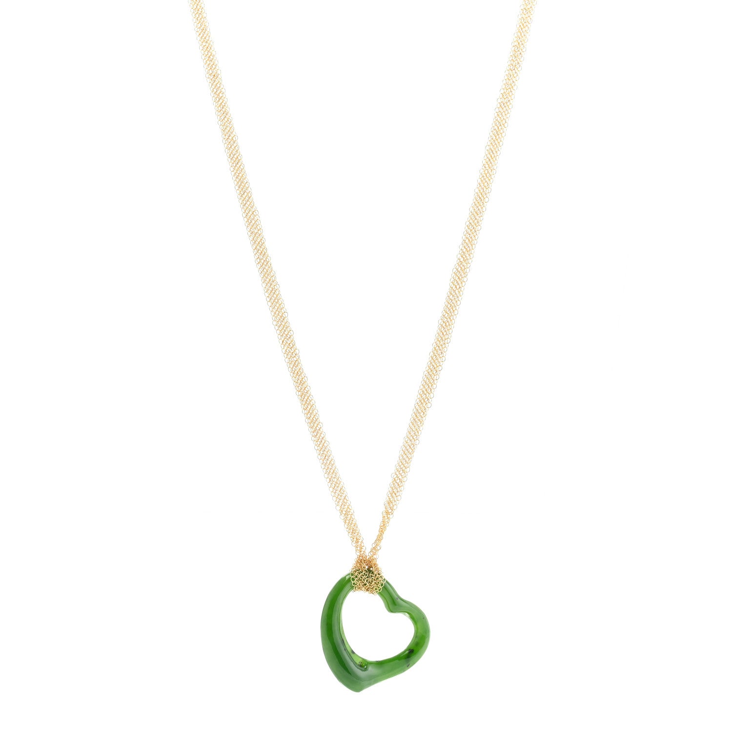 Tiffany 18K Yellow Gold Jade 35mm Open Heart Elsa Peretti Necklace 1 of 6