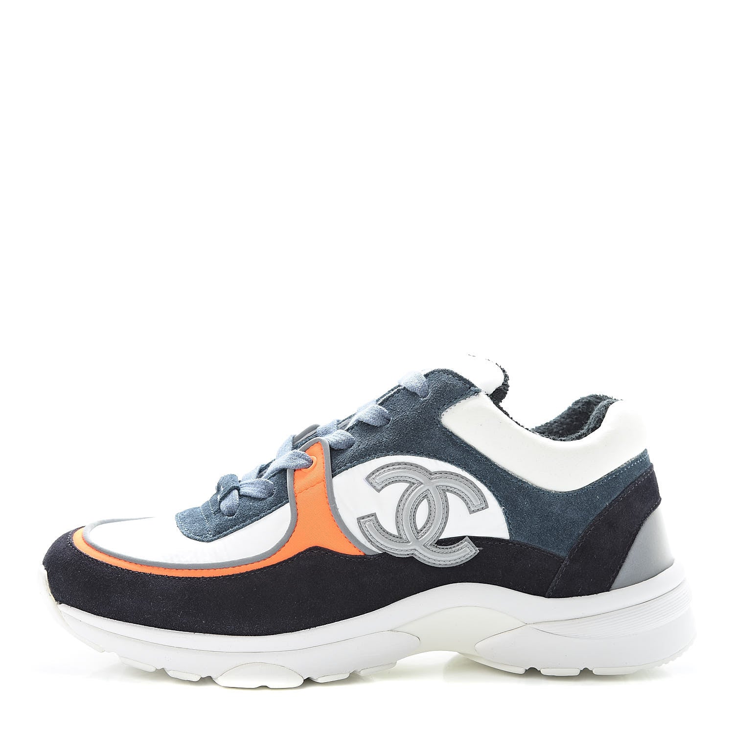Chanel Nylon Calfskin Suede CC Womens Sneakers 38 Navy White Orange 1 of 9