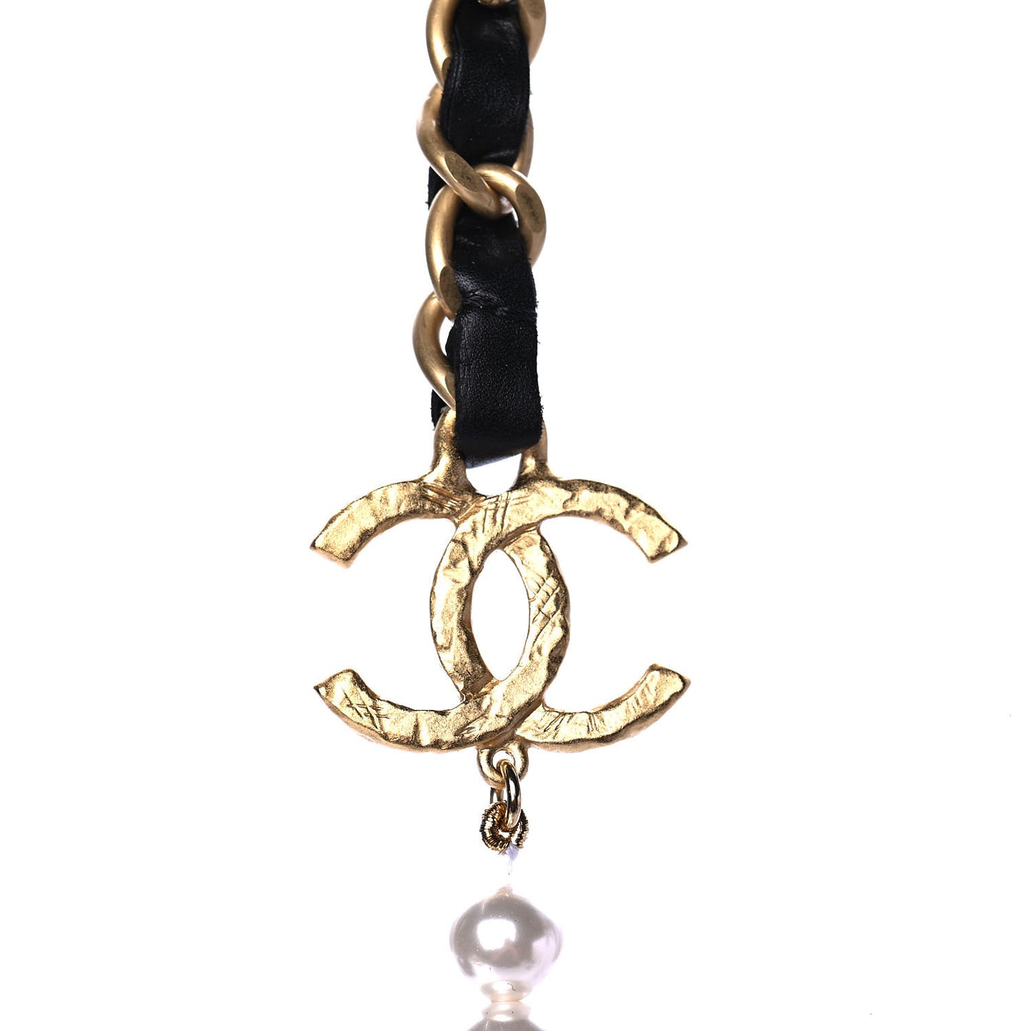 Calfskin Pearl Chain 90's Camellia Long Necklace Black Gold