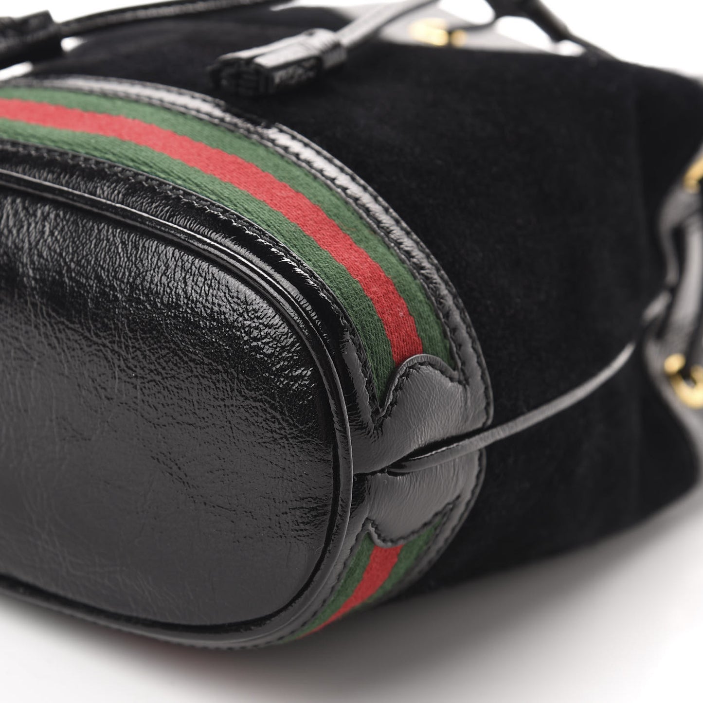 Suede Patent Web Small Ophidia Bucket Bag Black