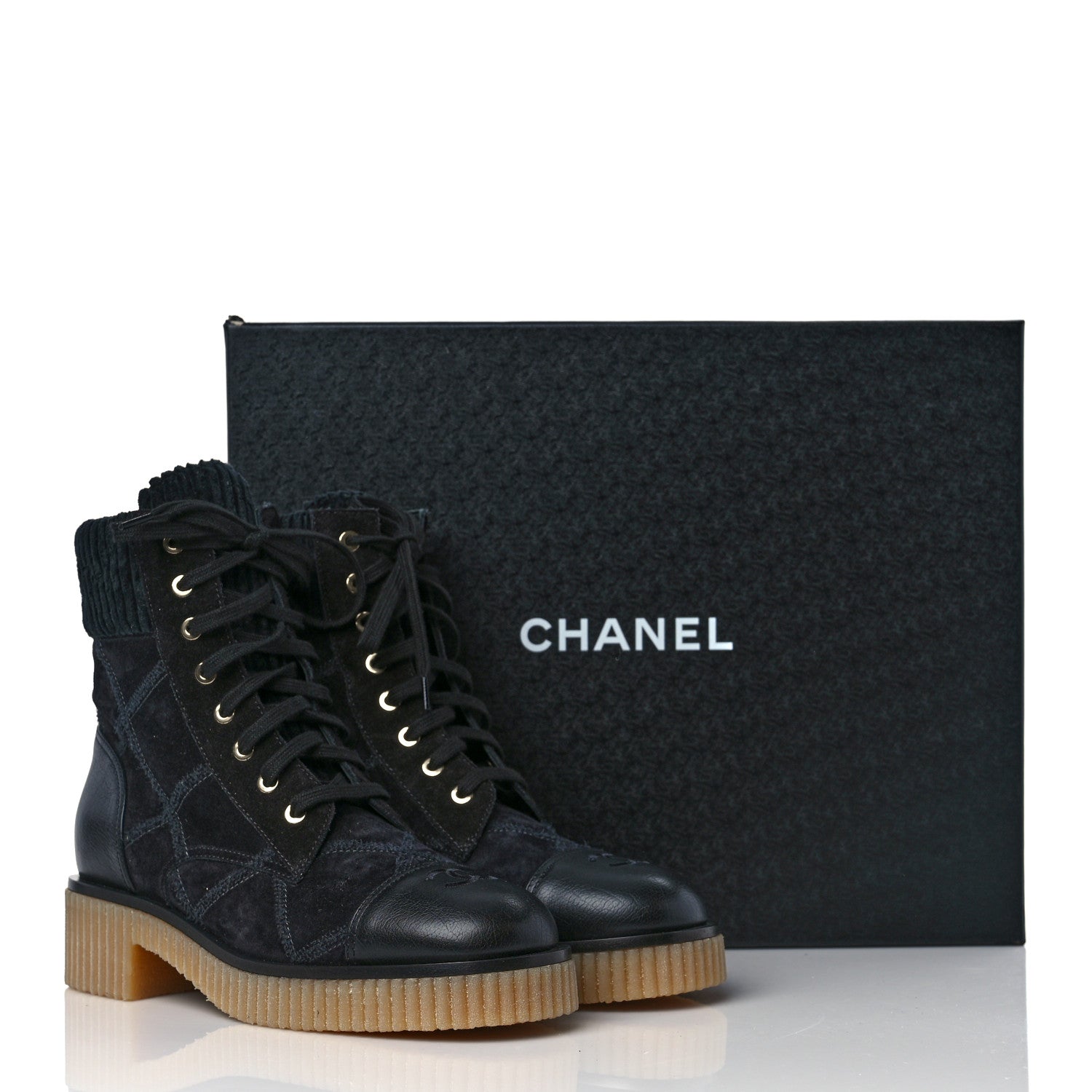 Chanel Suede Calfskin Velvet Quilted CC Combat Boots 38.5 Black 7 of 7