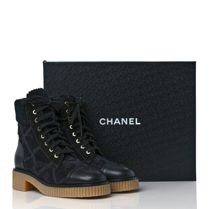 Chanel Suede Calfskin Velvet Quilted CC Combat Boots 38.5 Black 7 of 7