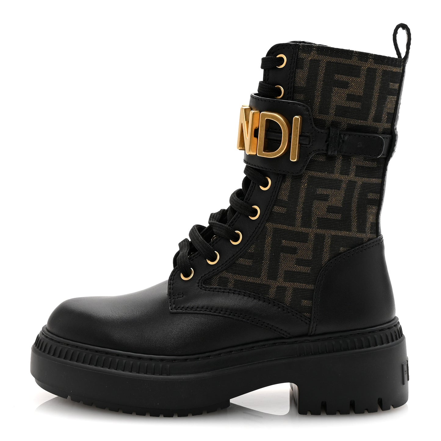 Vitello Fabric Jacquard FF Fendigraphy 50mm Biker Boots 35.5 Black Tobacco