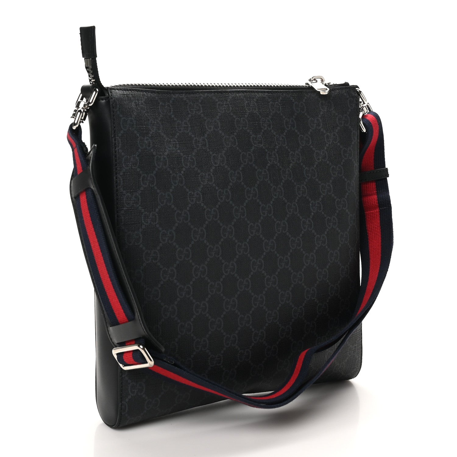 Gucci GG Supreme Monogram Appia Calfskin Web Flat Messenger Bag Black Grey 3 of 10