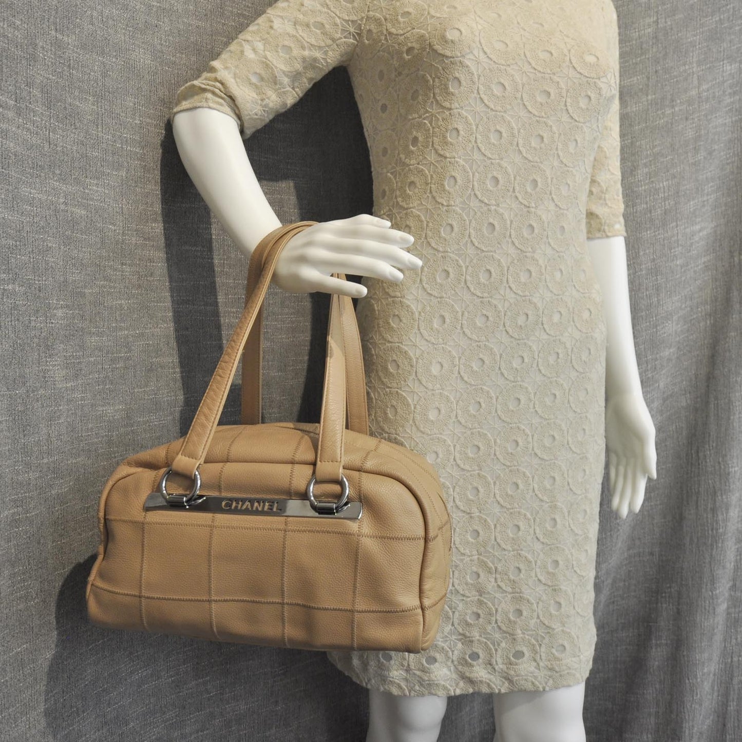 Leather Square Stitched Satchel Beige