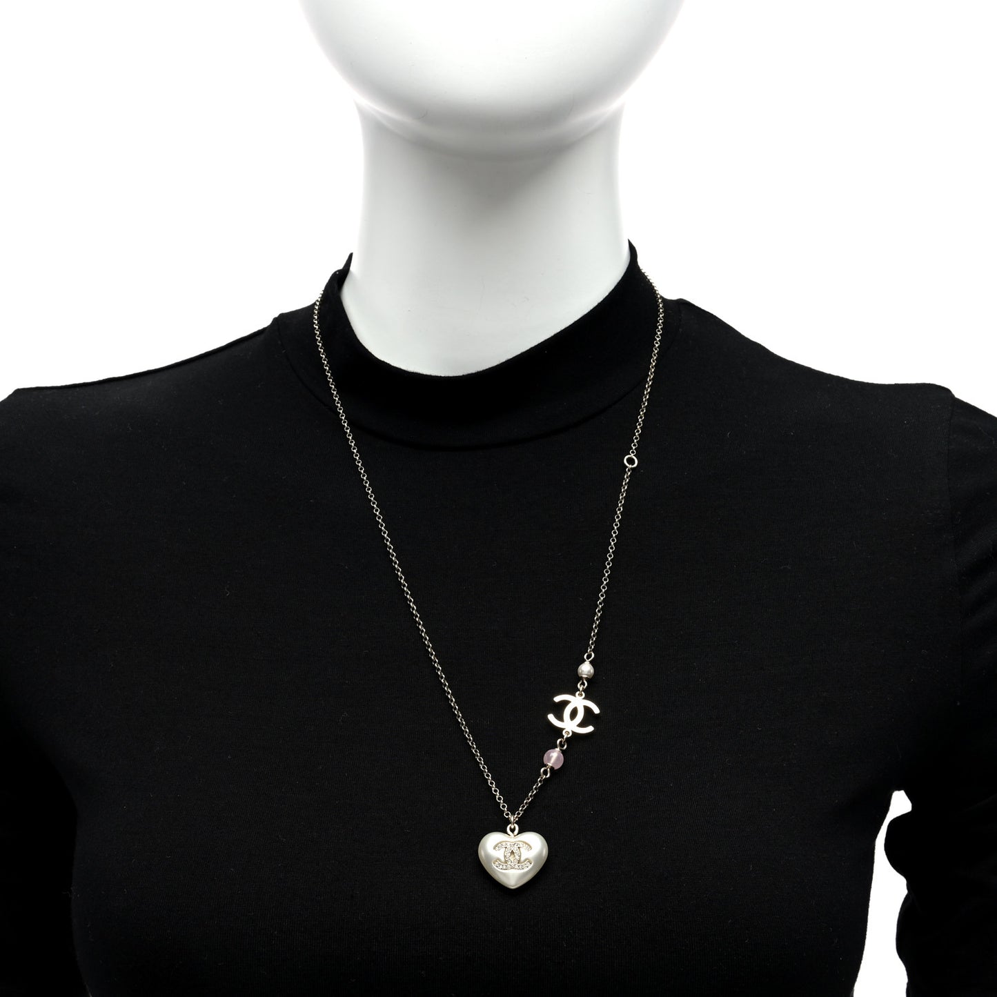 Resin Crystal CC Heart Necklace Pearly White Gold