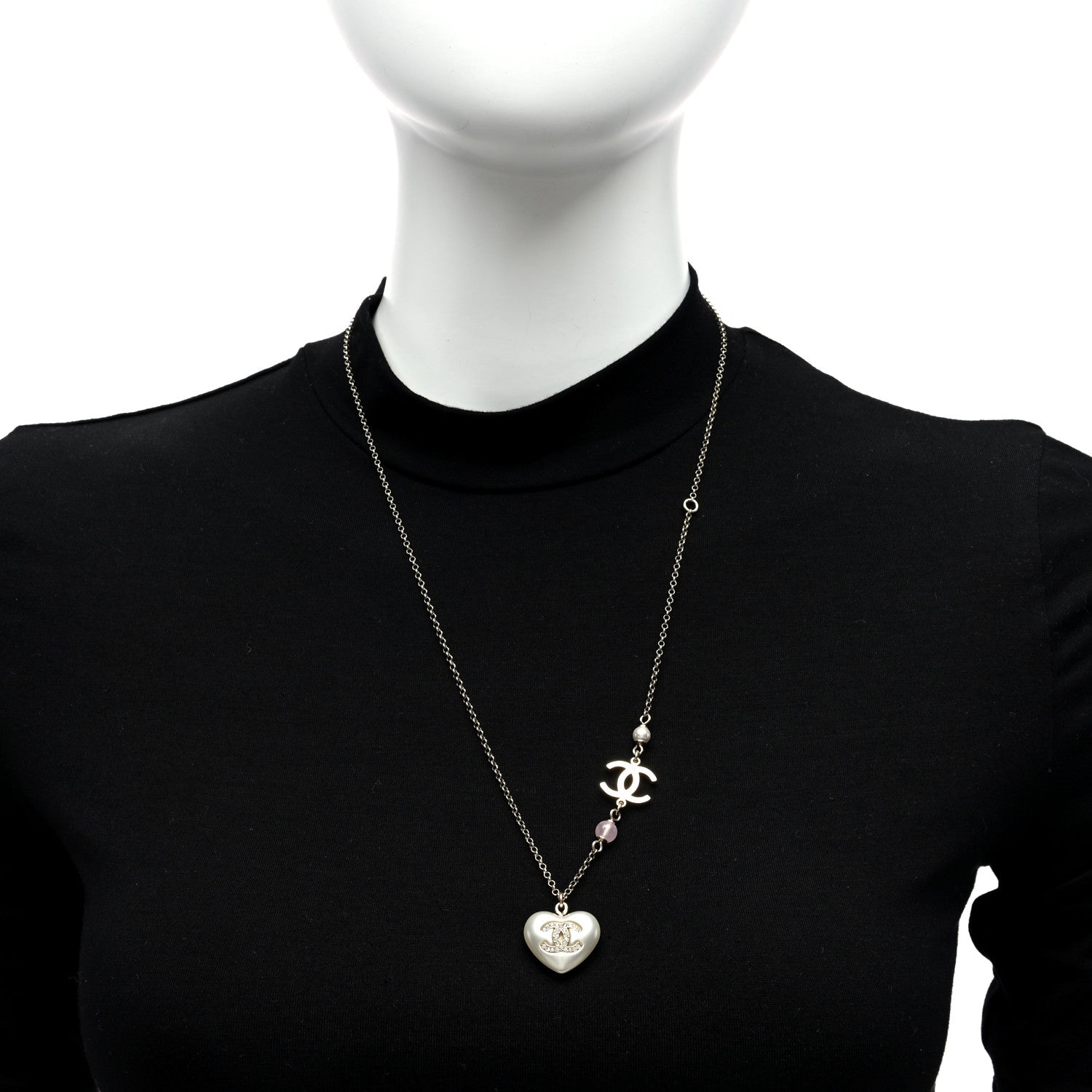 Chanel Resin Crystal CC Heart Necklace Pearly White Gold 2 of 5