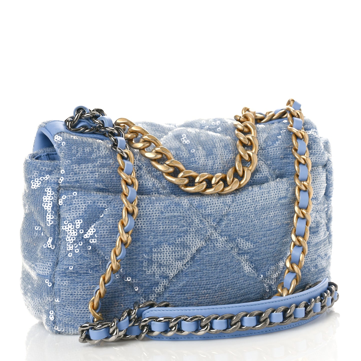 Sequin Quilted Medium Chanel 19 Flap Light Blue