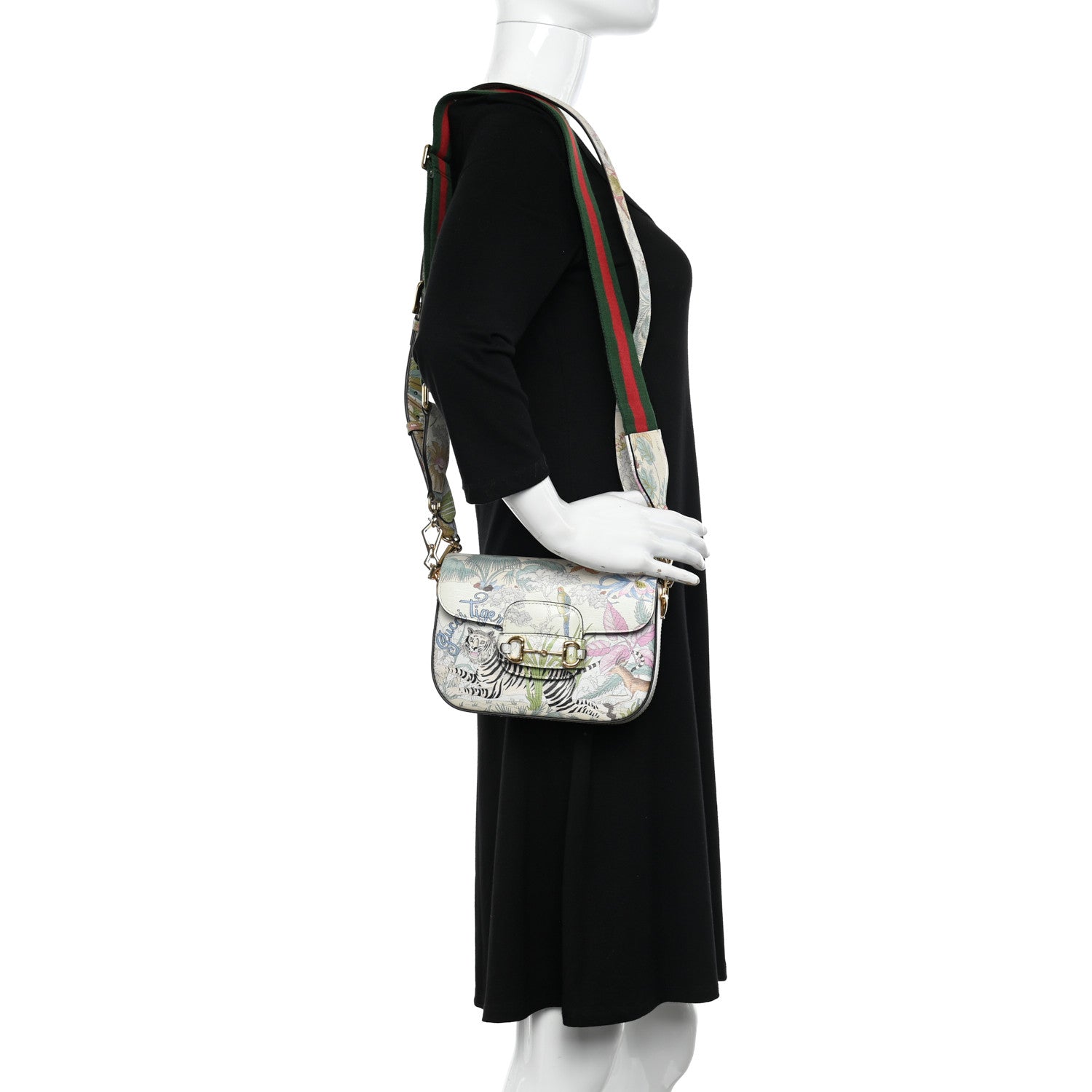 Gucci New Shangai Calfskin Tiger Savanah Web Mini Horsebit 1955 Shoulder Bag Chalky White Multicolor 2 of 10