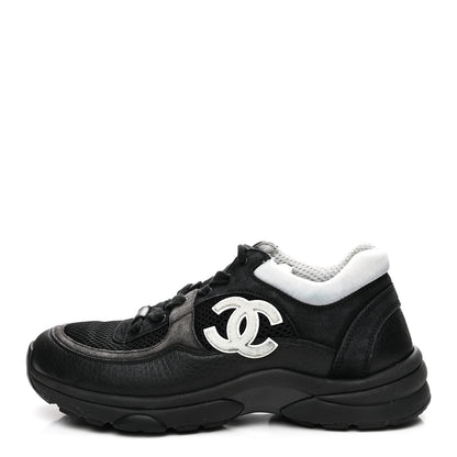 Chanel Mesh Suede Grained Calfskin Womens CC Sneakers 36 Black White 1 of 9