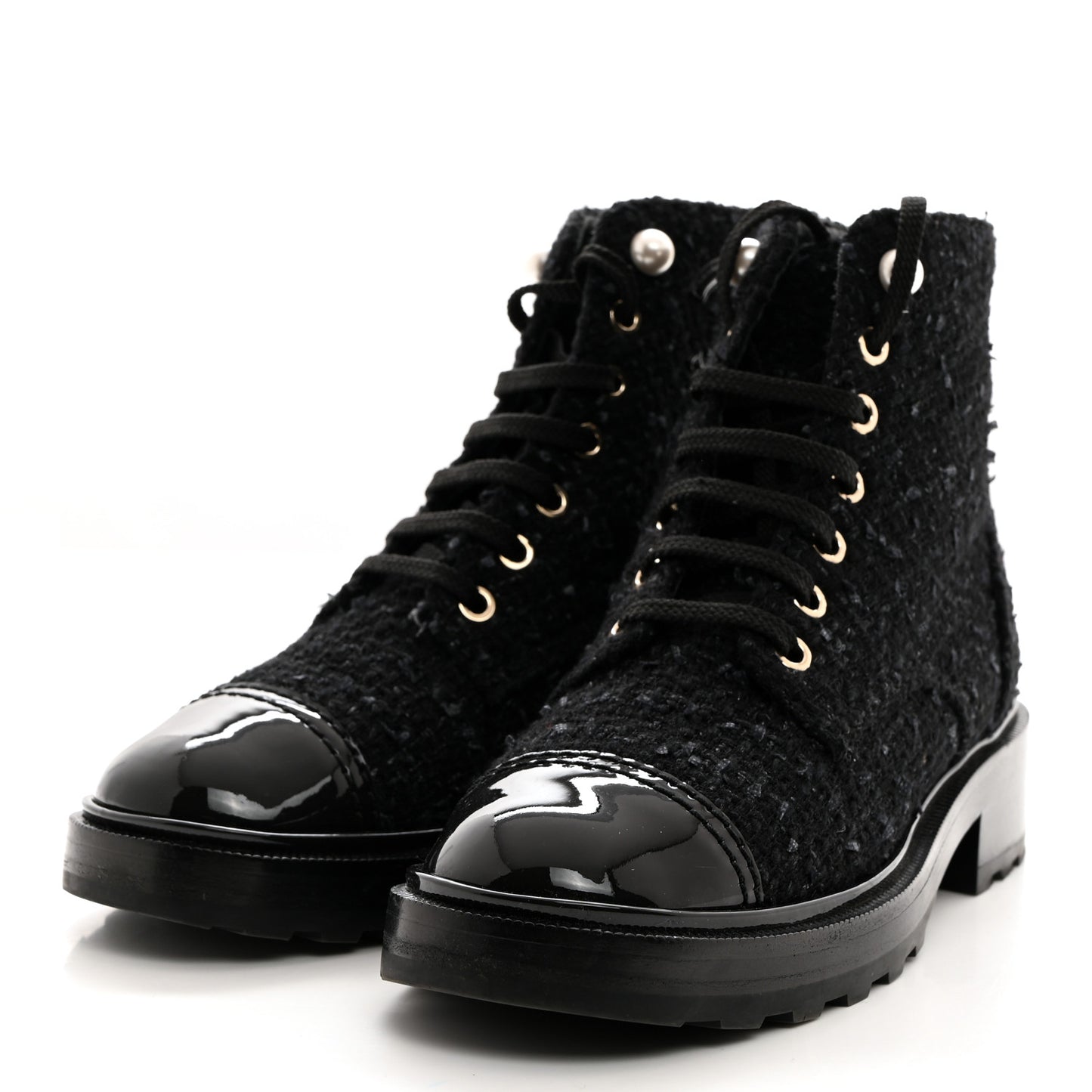 Tweed Patent Calfskin Pearl Combat Short Boots 36.5 Black Grey Blue