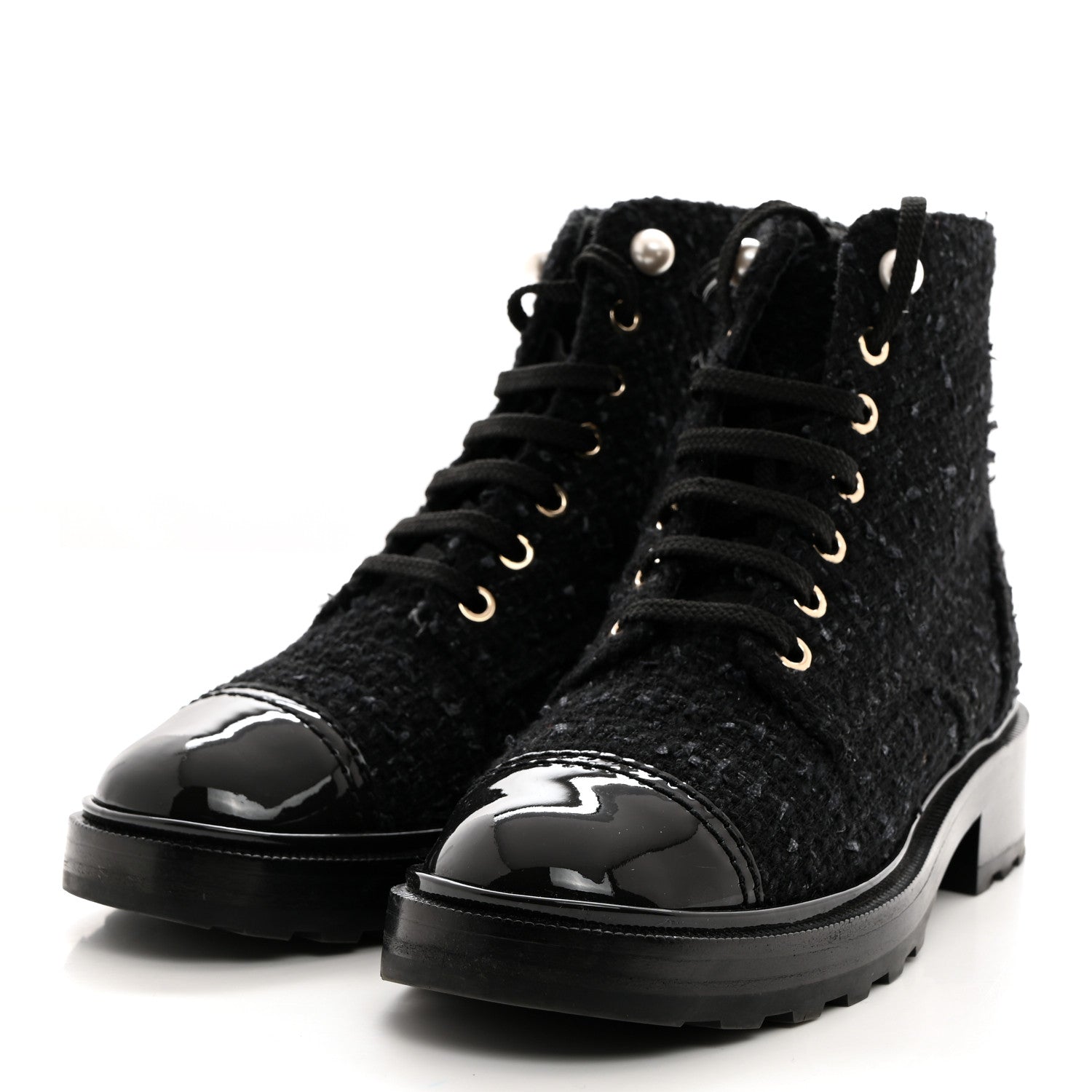 Chanel Tweed Patent Calfskin Pearl Combat Short Boots 36.5 Black Grey Blue 3 of 9