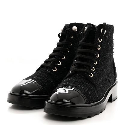 Chanel Tweed Patent Calfskin Pearl Combat Short Boots 36.5 Black Grey Blue 3 of 9