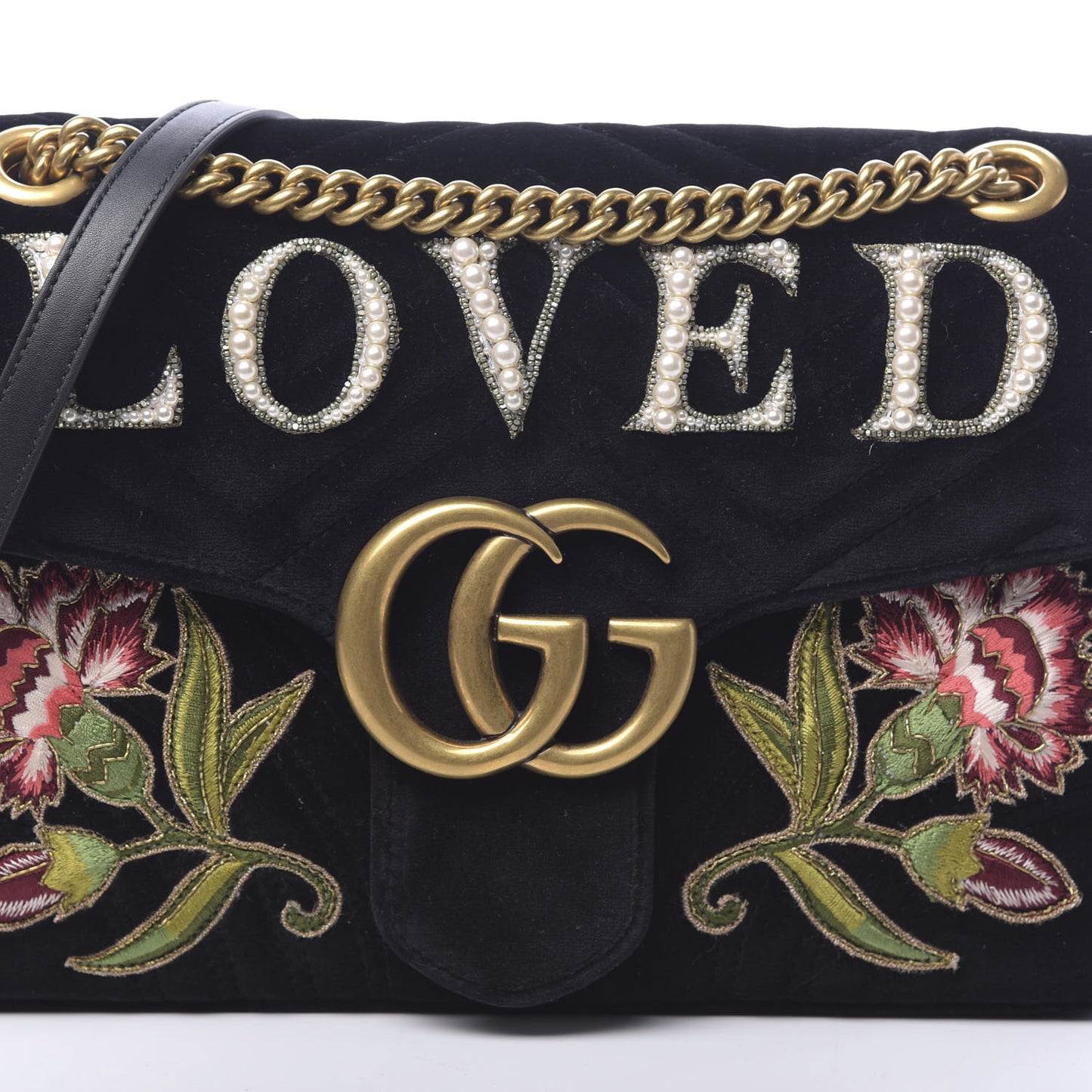 Velvet Matelasse Loved Embroidered Medium GG Marmont Shoulder Bag Black