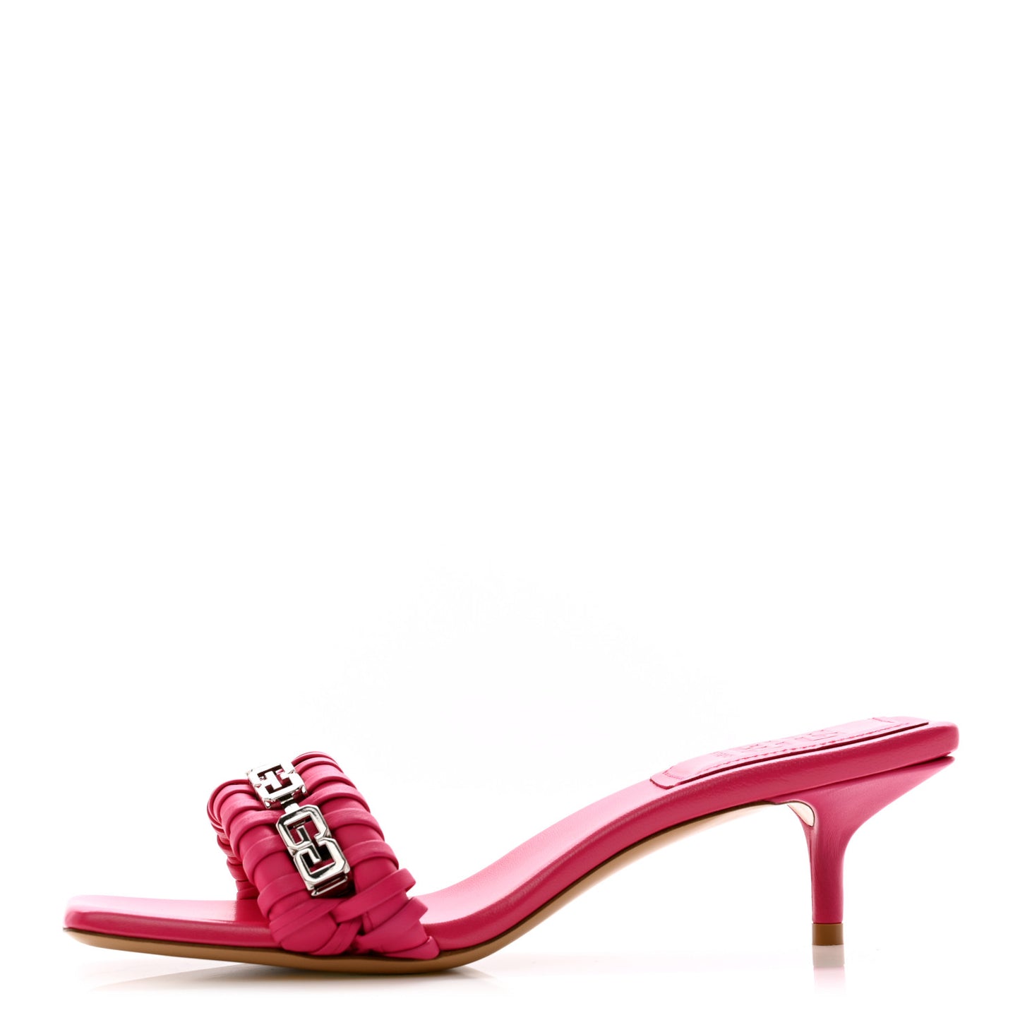 Woven Lambskin G Chain 50mm Kitten Heel Sandals 38.5 Neon Pink