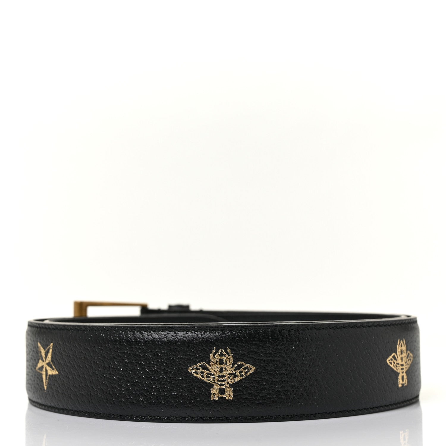 Gucci Textured Dollar Calfskin Bees And Stars Print Mens 35mm Belt 90 36 Black Gold 2 of 4