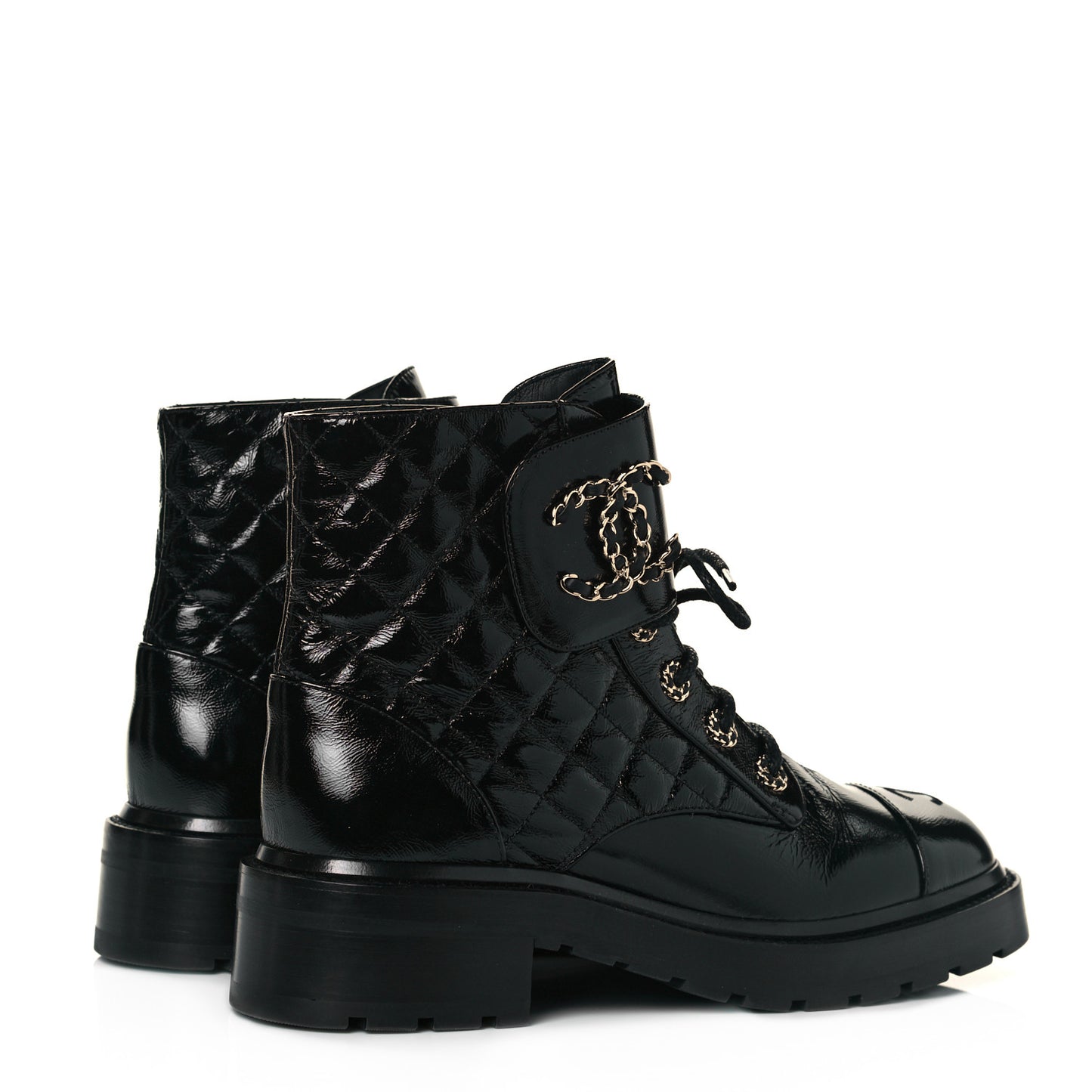 Shiny Calfskin Quilted Lace Up Combat Boots 39.5 Black