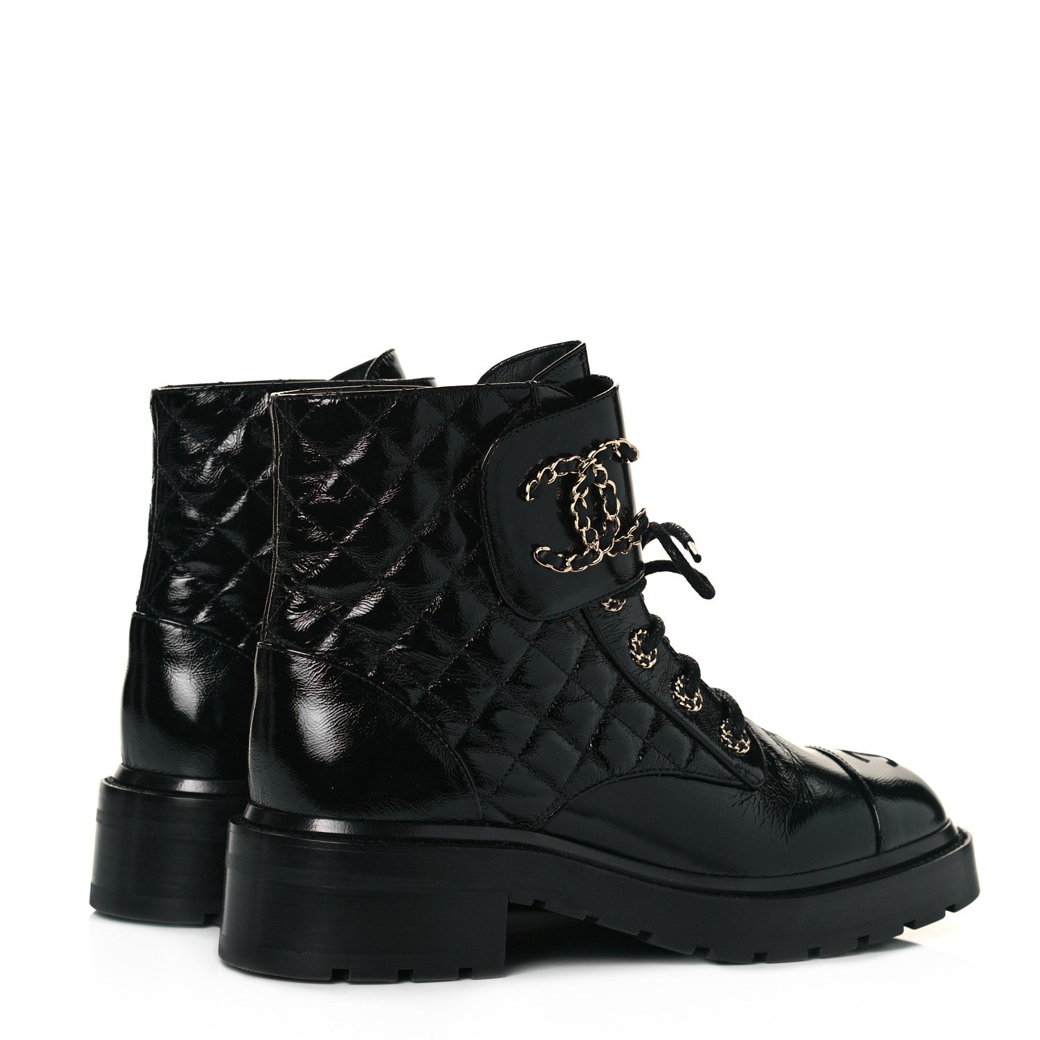 Chanel Shiny Calfskin Quilted Lace Up Combat Boots 39.5 Black 4 of 8