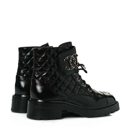 Chanel Shiny Calfskin Quilted Lace Up Combat Boots 39.5 Black 4 of 8